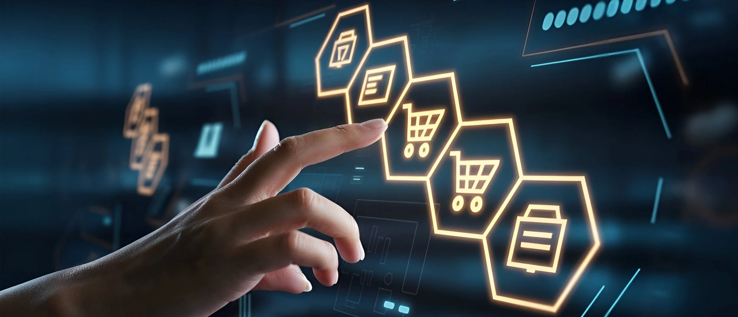 A person's hand interacts with a virtual shopping cart icon on a futuristic digital screen with illuminated shopping cart symbols connected in a hexagon pattern.