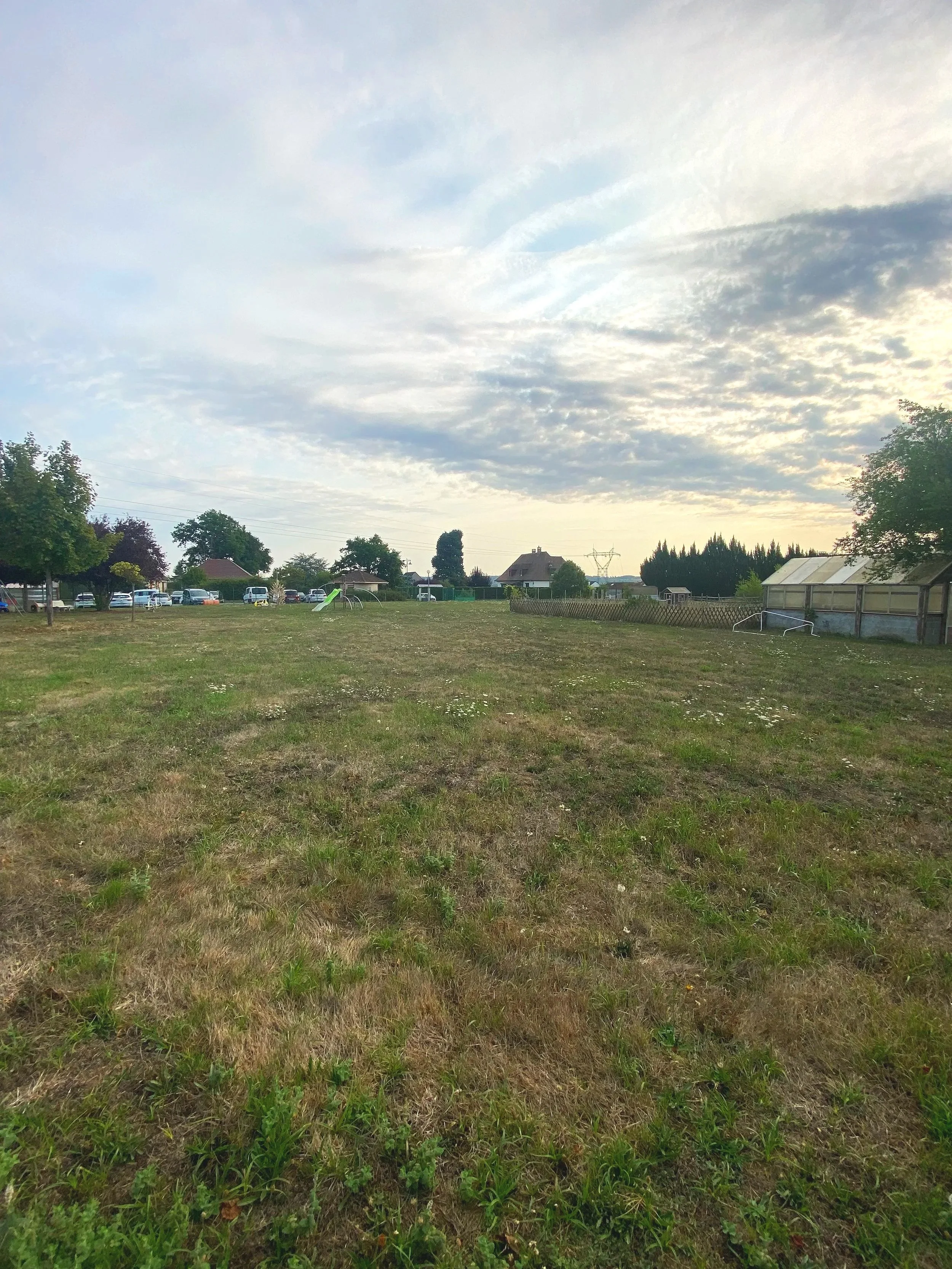 Champ de terre avec quelques herbes, arbres, maisons au fond, ciel nuageux avec le soleil couchant.