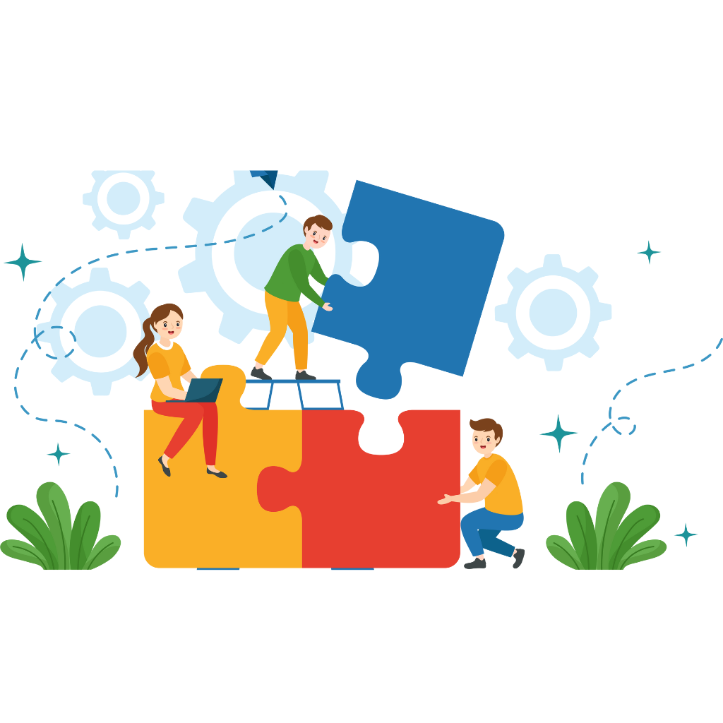 Trois personnes assemblant des pièces de puzzle colorées, avec des engrenages en arrière-plan.