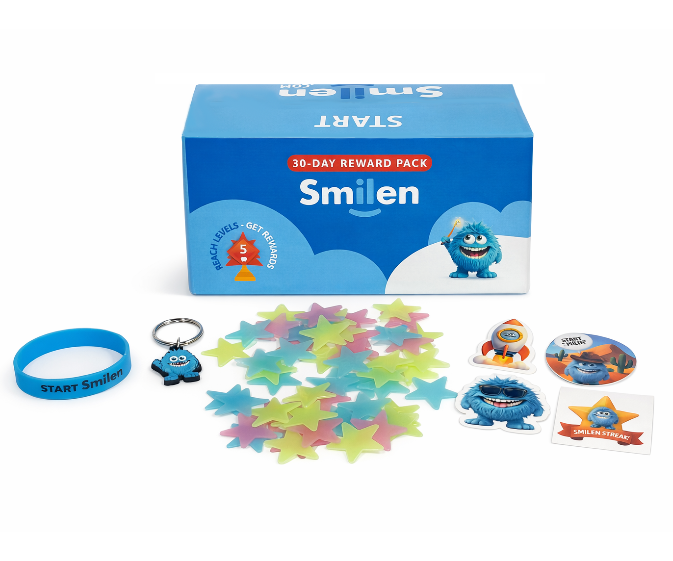 Image of small wrist band, stars, stickers and key chain gift.