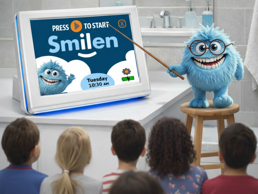 The Smilen device on a bathroom countertop with Gary the Monster pointing at it.