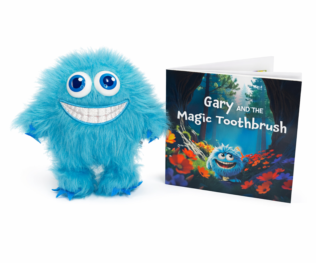 Image of Gary the blue monster and story book.