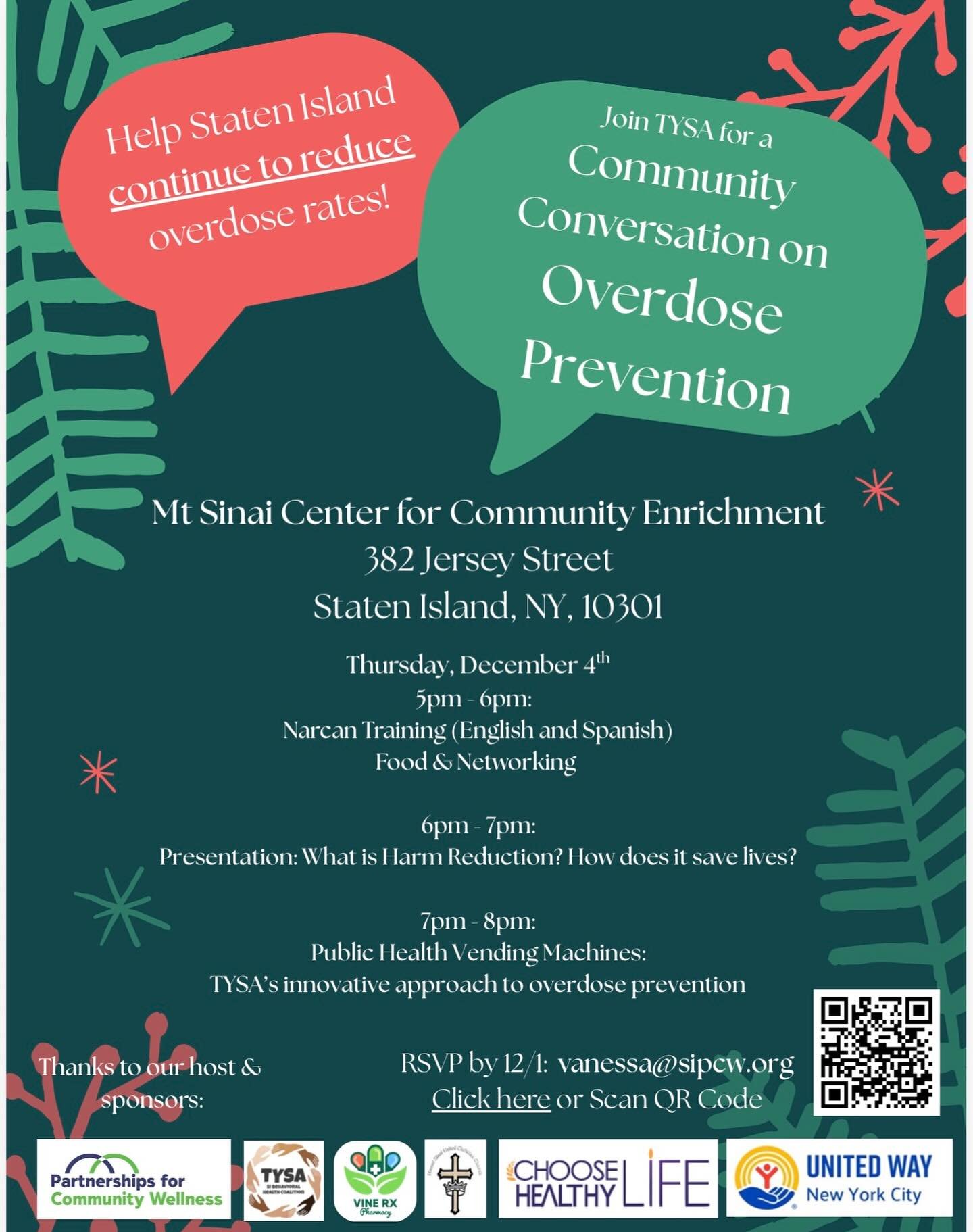 Join us on December 4th for a powerful Community Conversation on Overdose Prevention!
✔ Narcan training (English &amp; Spanish)
✔ Food &amp; networking
✔ Harm reduction presentation
✔ Learn about Public Health Vending Machines and how they save lives
