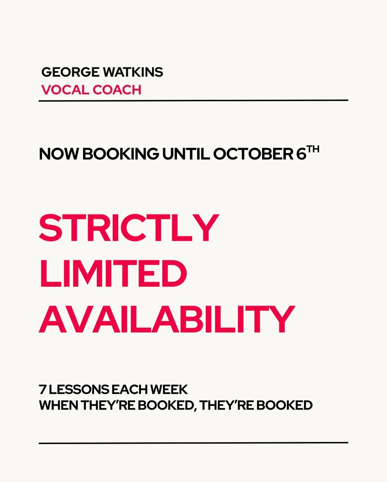 7 lessons.
7 weeks. 

My diary is now open until 6th October, and due to a lot of new commitments (not looking at @offbookcollective 👀), I have had to severely reduce my teaching timetable. 

If you are hoping to book a lesson to prep for an auditio