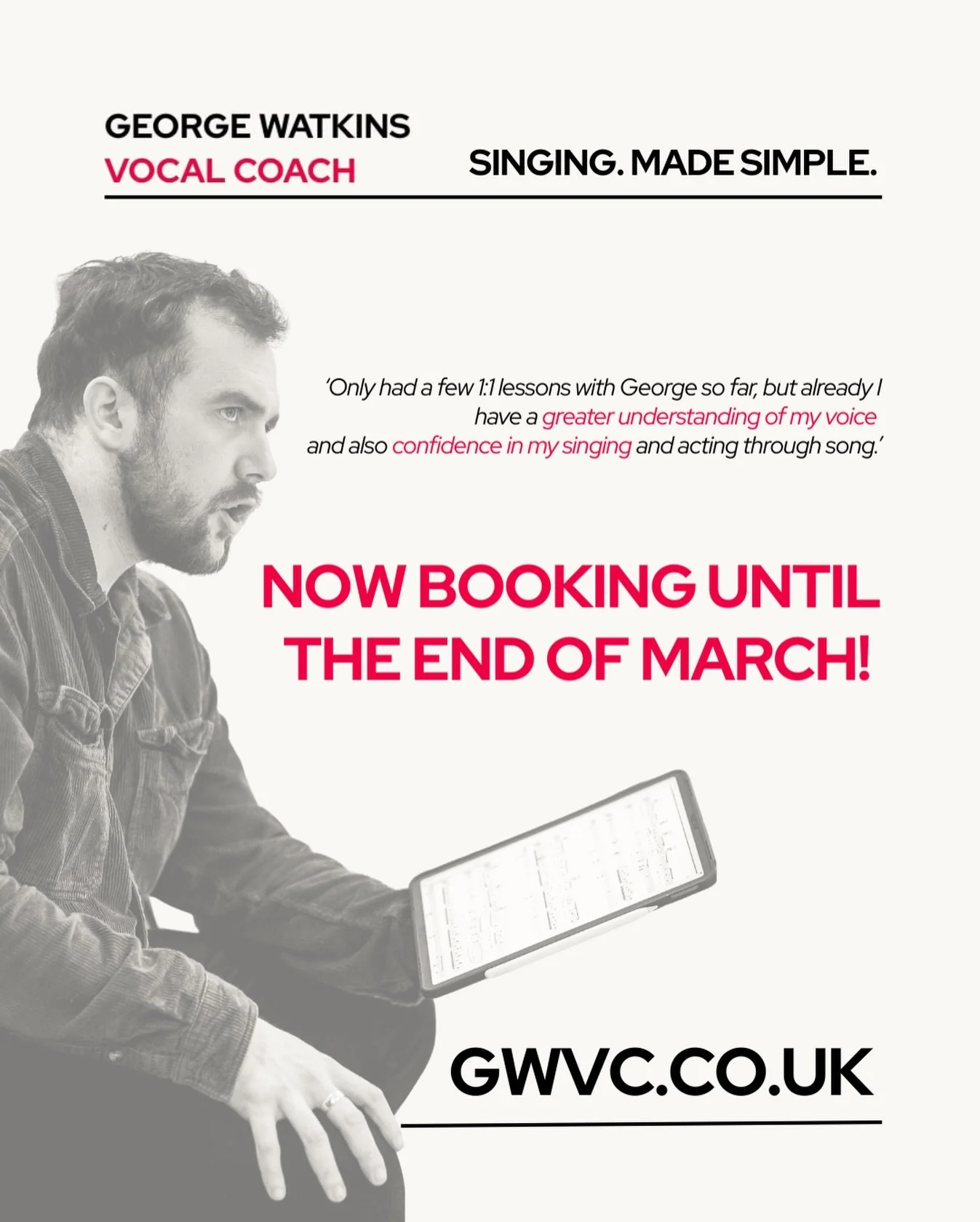 Now booking until the end of March! 

If you want to understand your voice better, grow your confidence, expand your repertoire - get in touch!

Book now or contact me at gwvc.co.uk