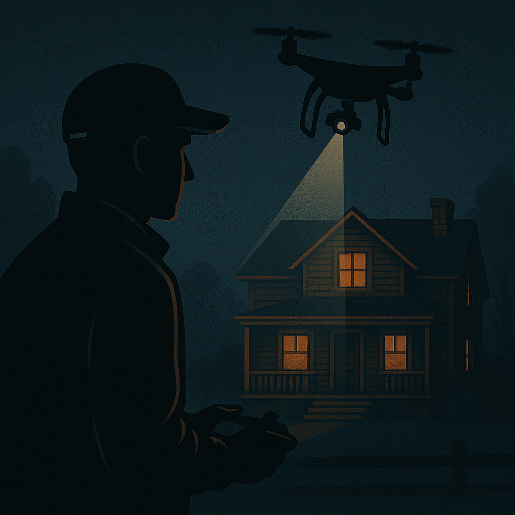 Private investigator drone monitoring property — nighttime surveillance of house