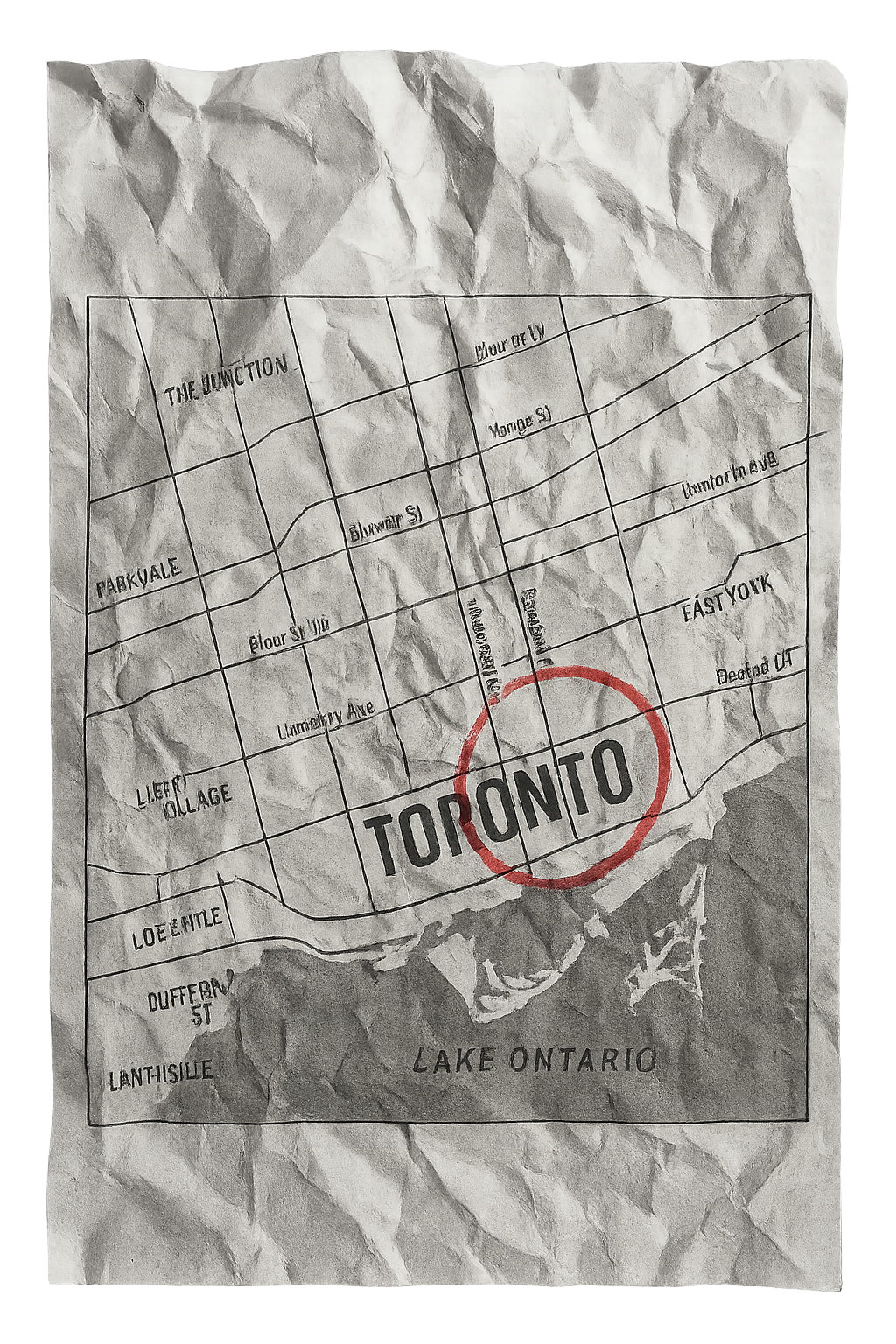 Crumpled Toronto city map used in a locate investigation — Background & Locate Toronto
