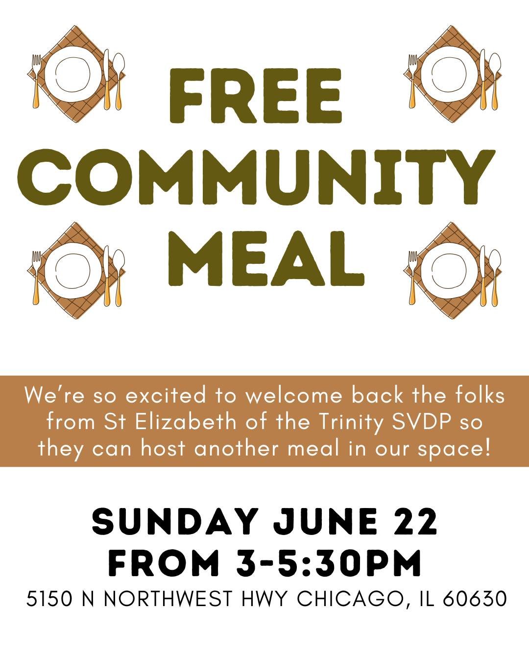 We are so excited that our friends at St Elizabeth of the Trinity SVDP are hosting another meal in our space! Join us on Sunday June 22 from 3-5:30pm for some good food and good conversations!