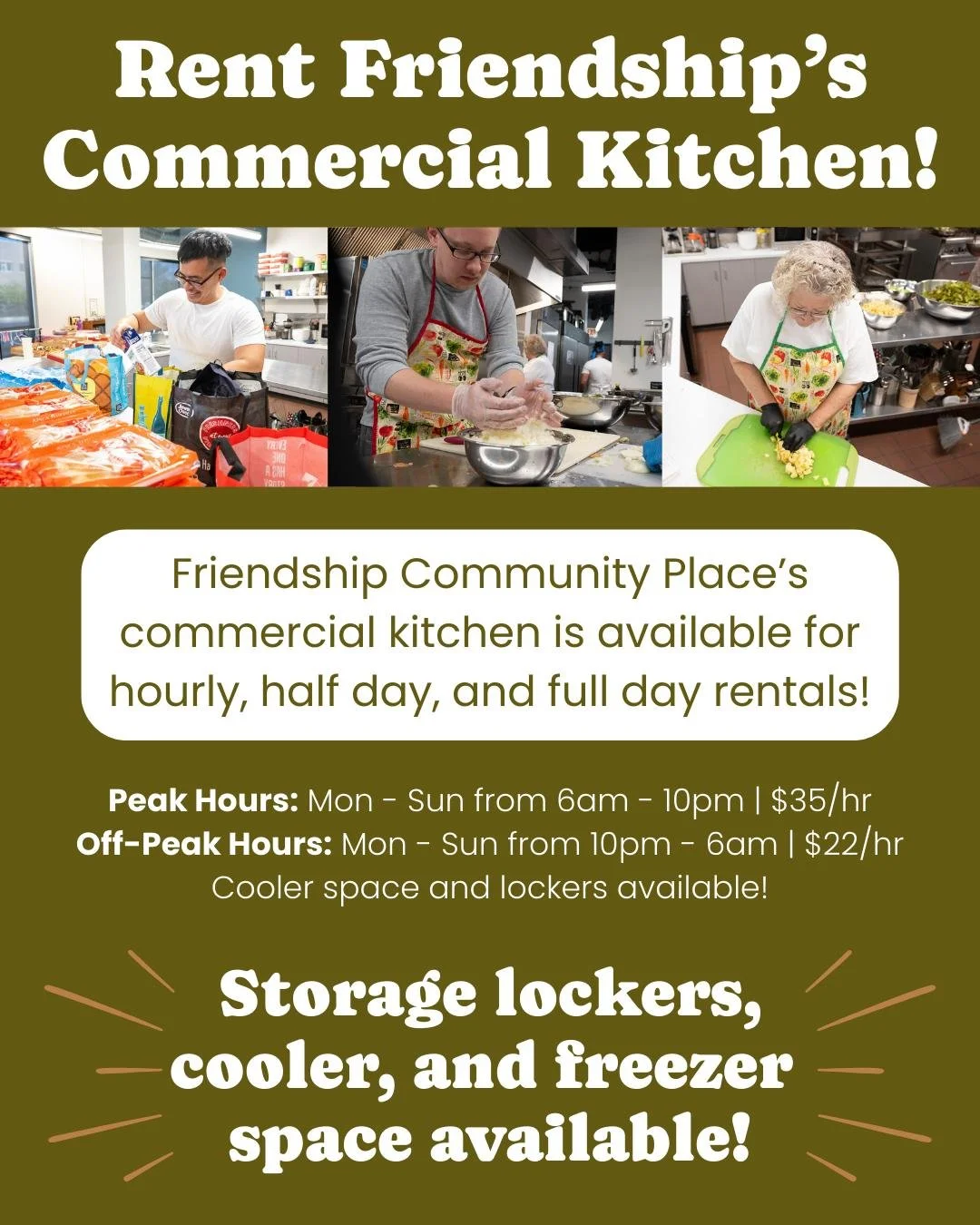 Our commercial kitchen is available to rent! Get all the details at our Food Corridor page: https://www.thekitchendoor.com/kitchen-rental/friendship-s-commercial-kitchen and submit your interest! We can't wait to work with you!