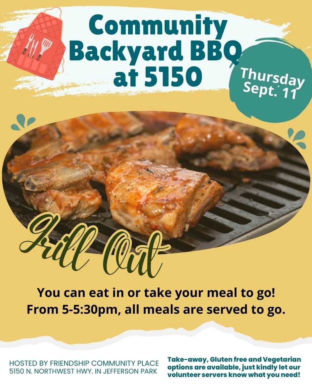 Join us this Thursday for our next community meal! We're grilling out back behind 5150 with chicken and veggies!