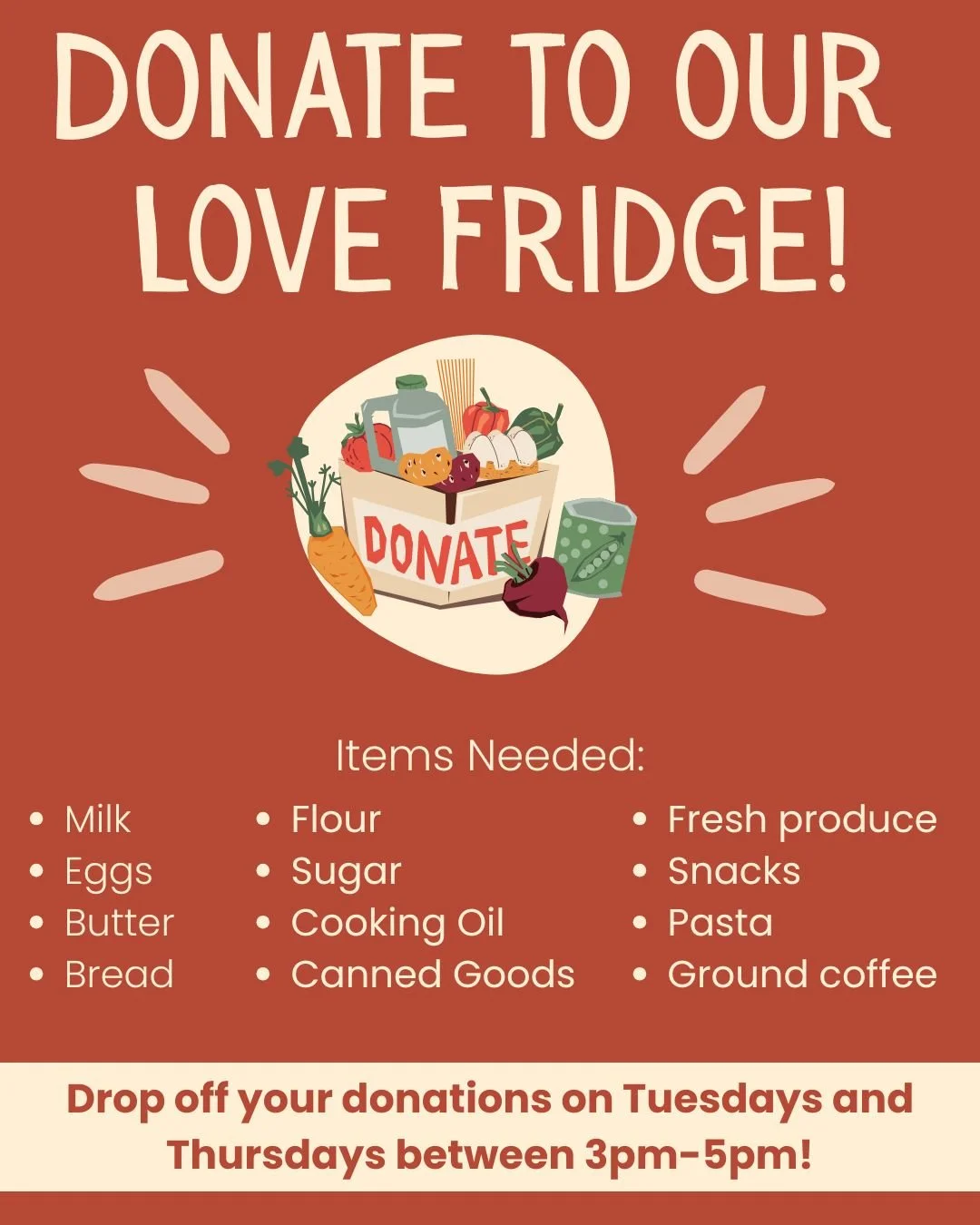 Our Love Fridge and Giving Pantry are running low! Please consider donating some items to help make sure our neighbors are fed ❤️ We accept donations on Tuesdays and Thursdays from 3-5pm! As a bonus if you donate on Thursdays, you can grab something 