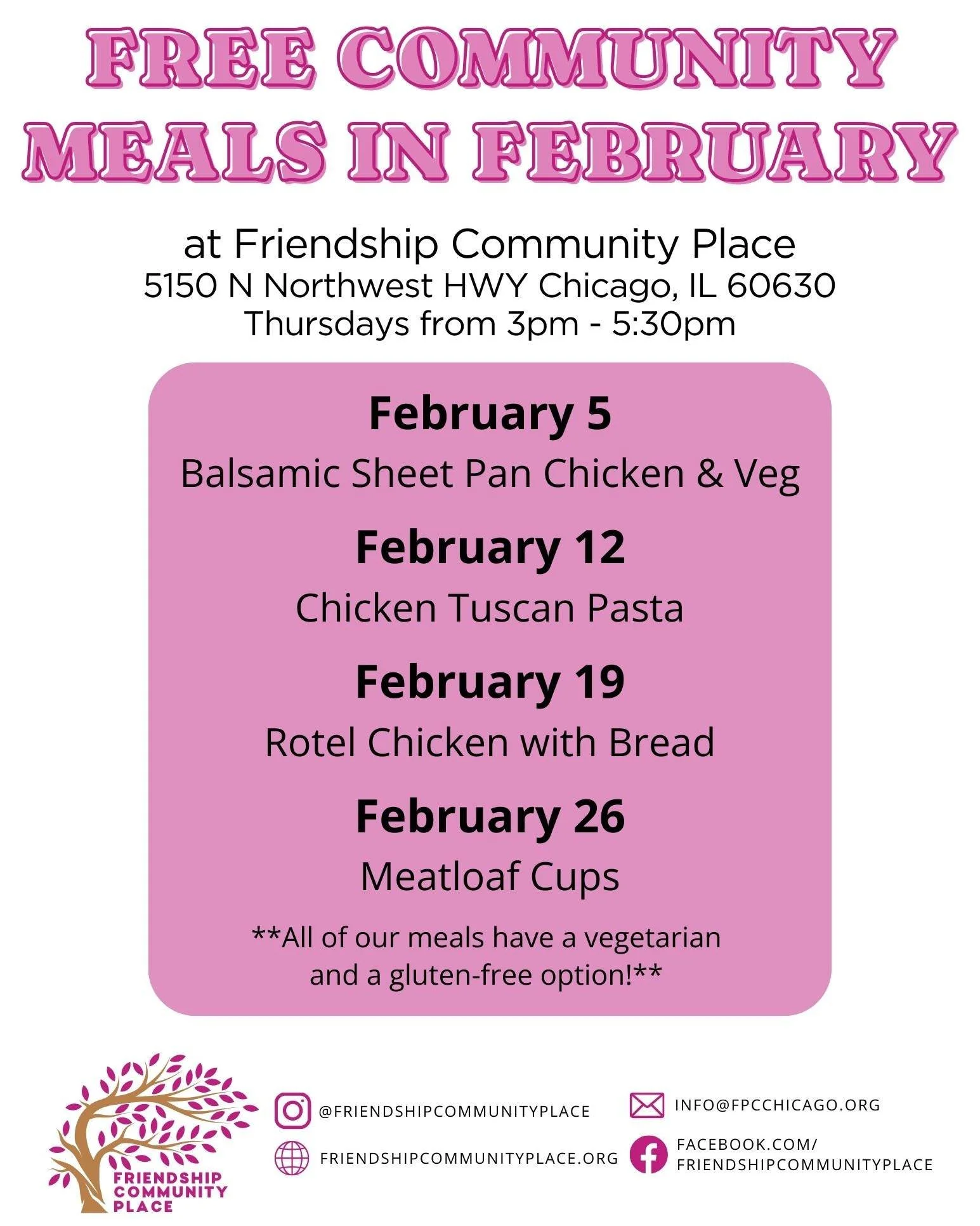 Join us tomorrow for our next Community Meal! We're serving chicken tuscan pasta, also known as our "Marry Me Pasta" in honor of Valentine's Day. Bring your sweetheart and share a delicious meal! And get excited about the rest of our meals 