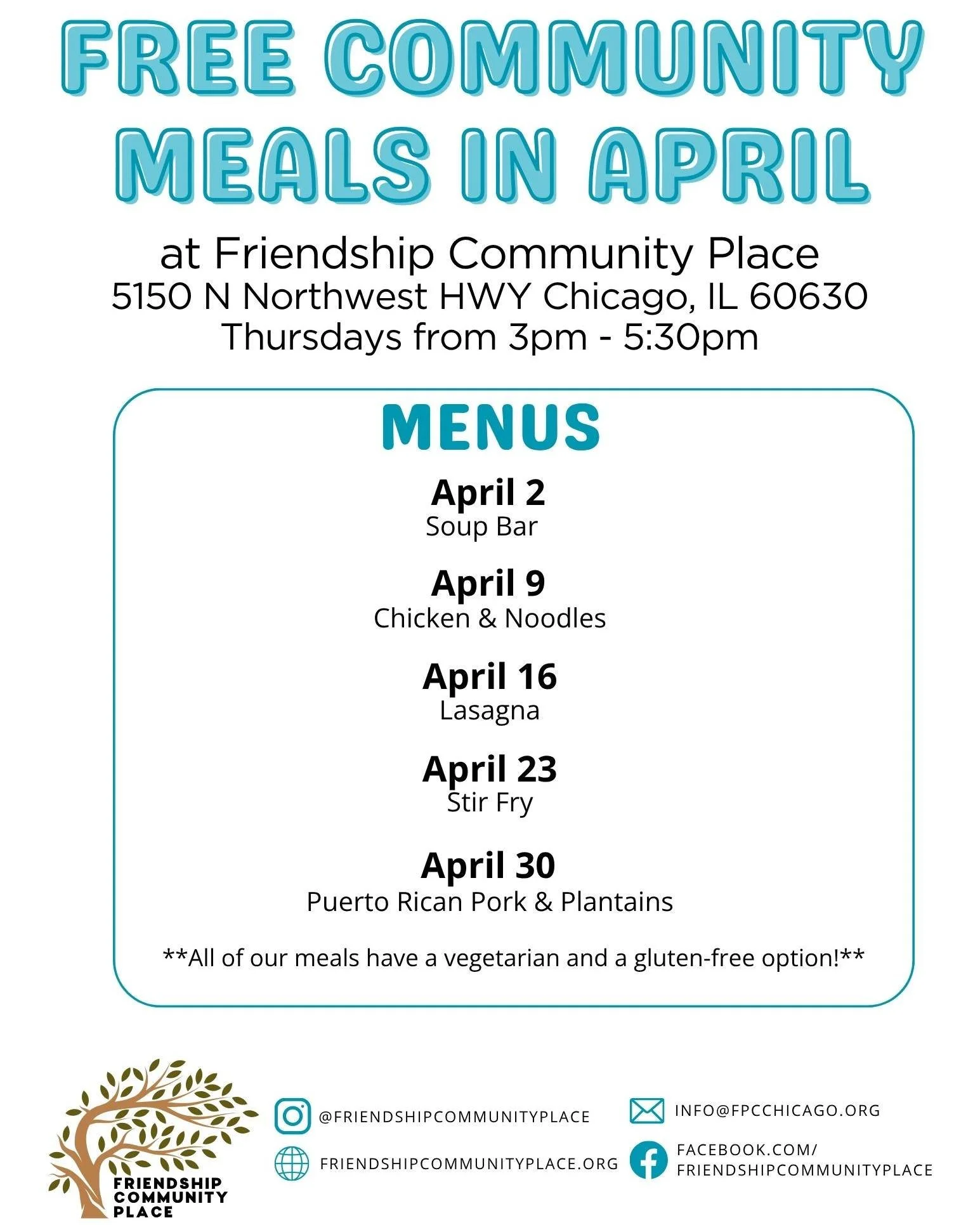 Our April menu just dropped! We hope to see you this month for one (or many!) Community Meals! As a reminder, these meals are completely free. Bring a friend or your fam!