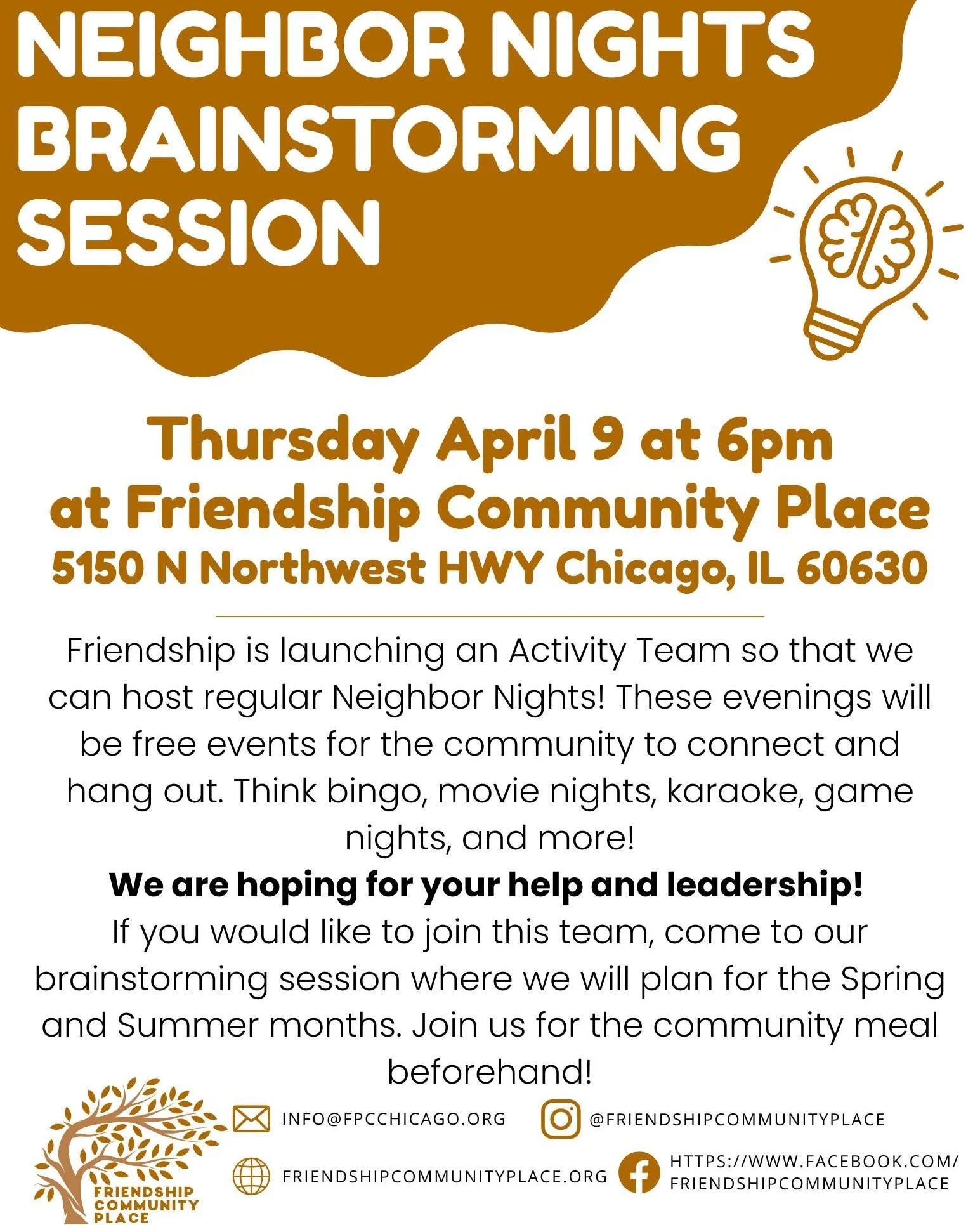This Thursday at 6pm we are hosting a brainstorming session for our new programming series that we're calling Neighbor Nights! Neighbor Nights will consist of free events for our community to connect and hang out. 

We hope you will join us with some