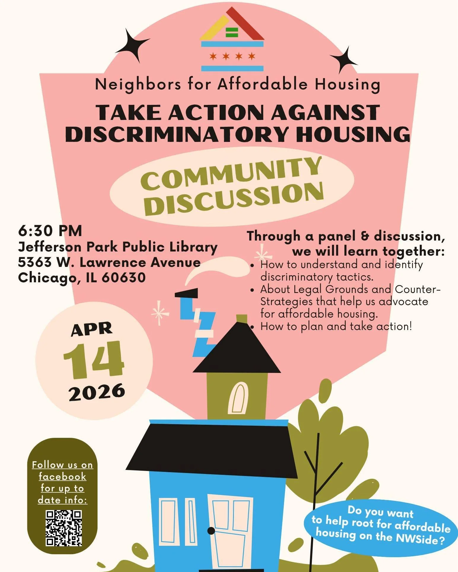 We are one week away from a community discussion with @neighbors4affordablehousing! We will learn more about discriminatory housing practices and how to take action against them. We'll meet at 6:30pm at the Jefferson Park Public Library! Hope to see 