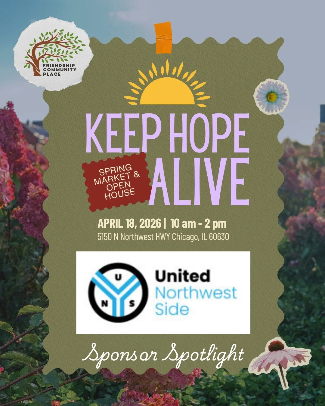 Many thanks to our next sponsor, United Northwest Side! We collaborate with UNS on several programs and are so glad to have them with us tomorrow!

Tomorrow is the day! From 10am-2pm at 5150 N Northwest HWY we will open our doors to our awesome commu