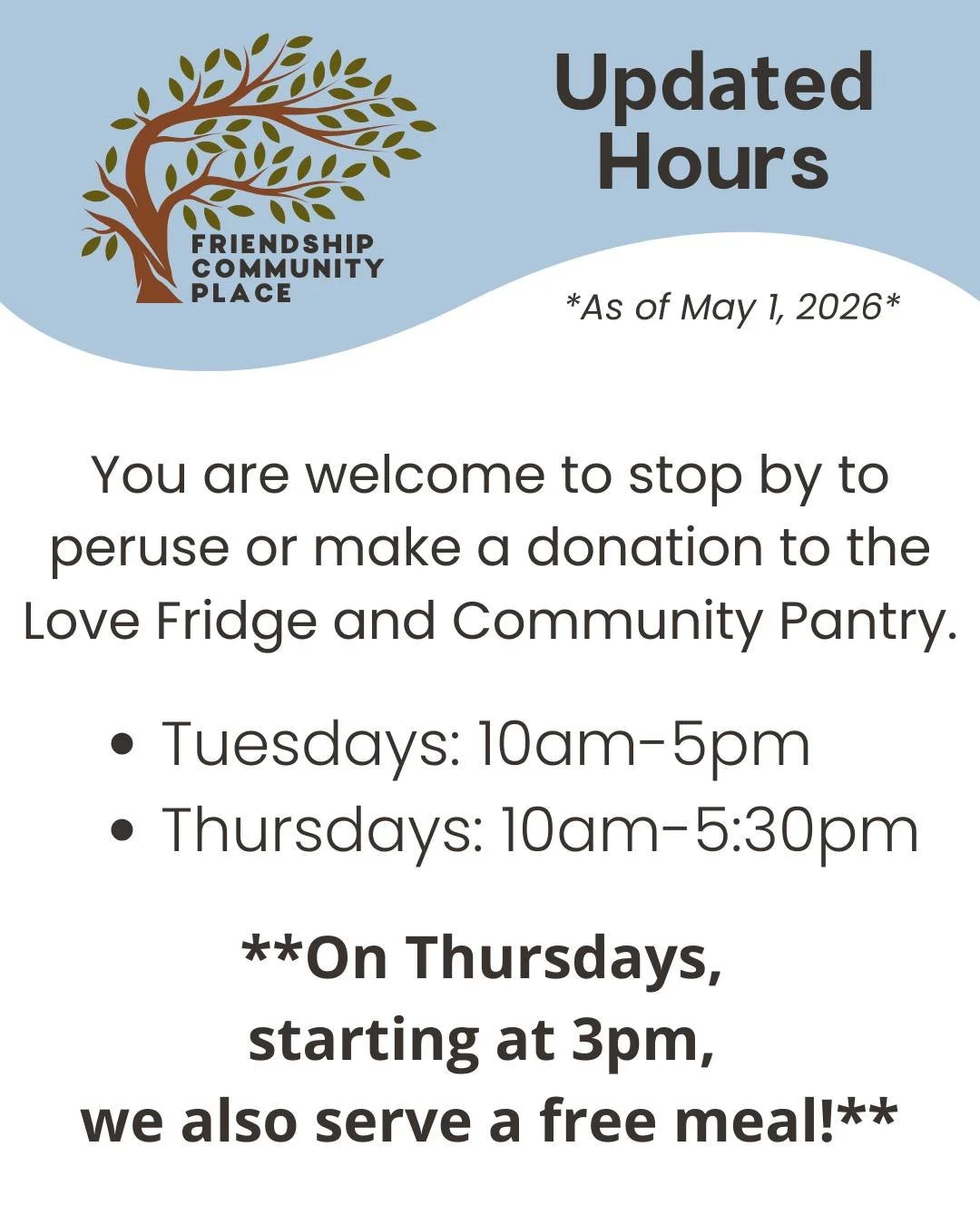 We are so excited to announce that starting tomorrow, we will have expanded Drop In Hours! We'll be open on Tuesday from 10am-5pm and Thursdays from 10am-5:30pm. During this time, you can stop by to grab a cup of coffee and peruse our Love Fridge and