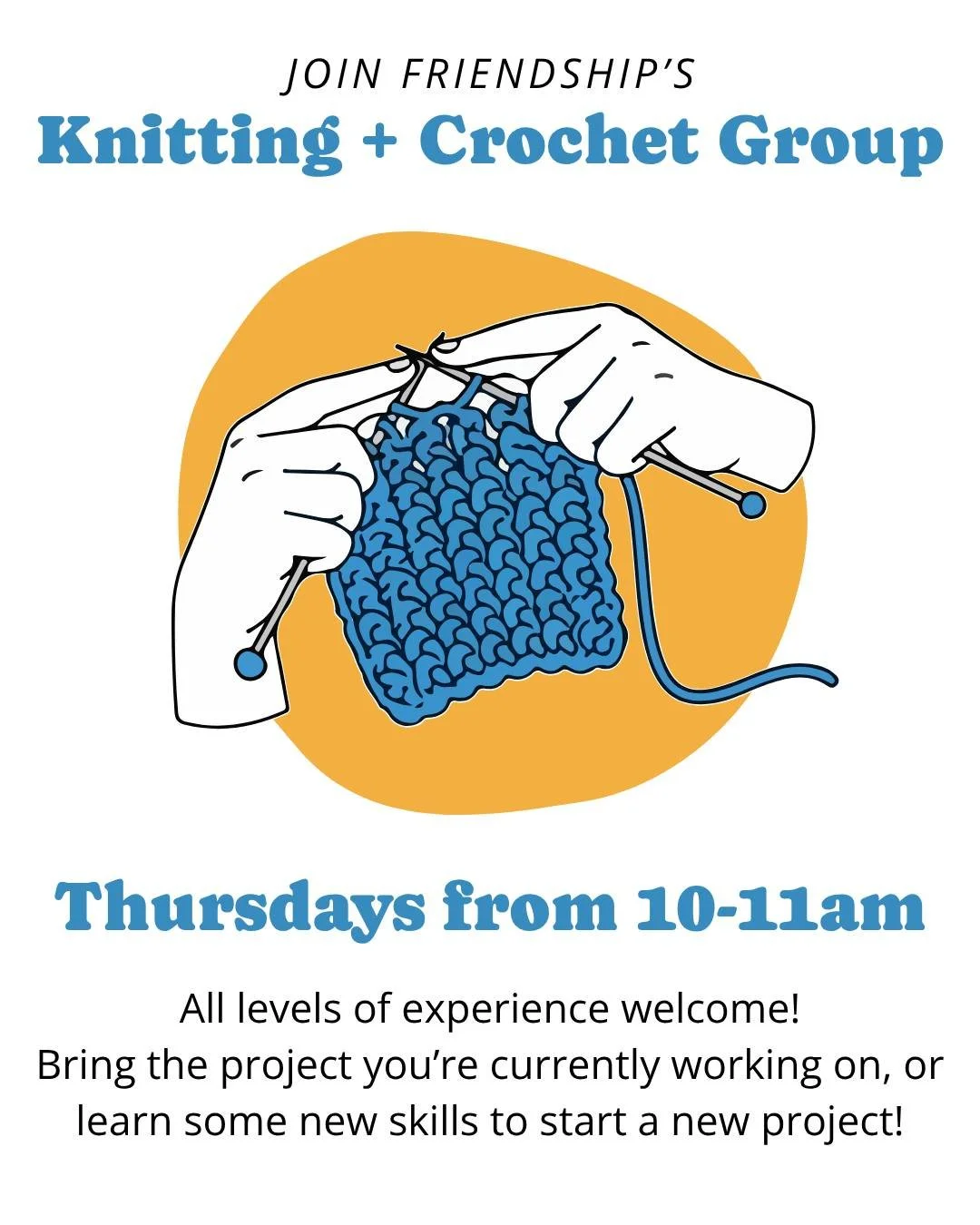 Some of our volunteers have started a knitting and crochet group that meets during Drop In Hours on Thursdays! Whether you're brand new to the fiber arts or a seasoned pro, we encourage you to join us!