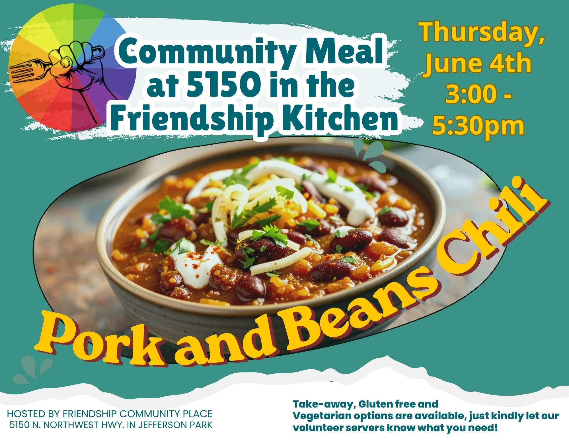 Tomorrow we're serving chili! Get one more warming bowl of the good stuff before summer sets in! We always have a vegetarian and gluten free option. The meal is always free! Bring a friend 🥳

We're at 5150 N Northwest HWY Chicago, IL 60630.