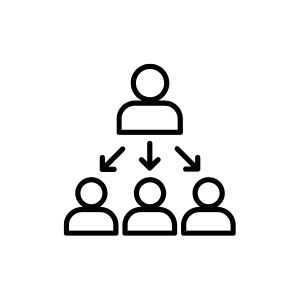 A diagram of one person at the top connected by arrows to three people below, illustrating a hierarchy or organizational structure.