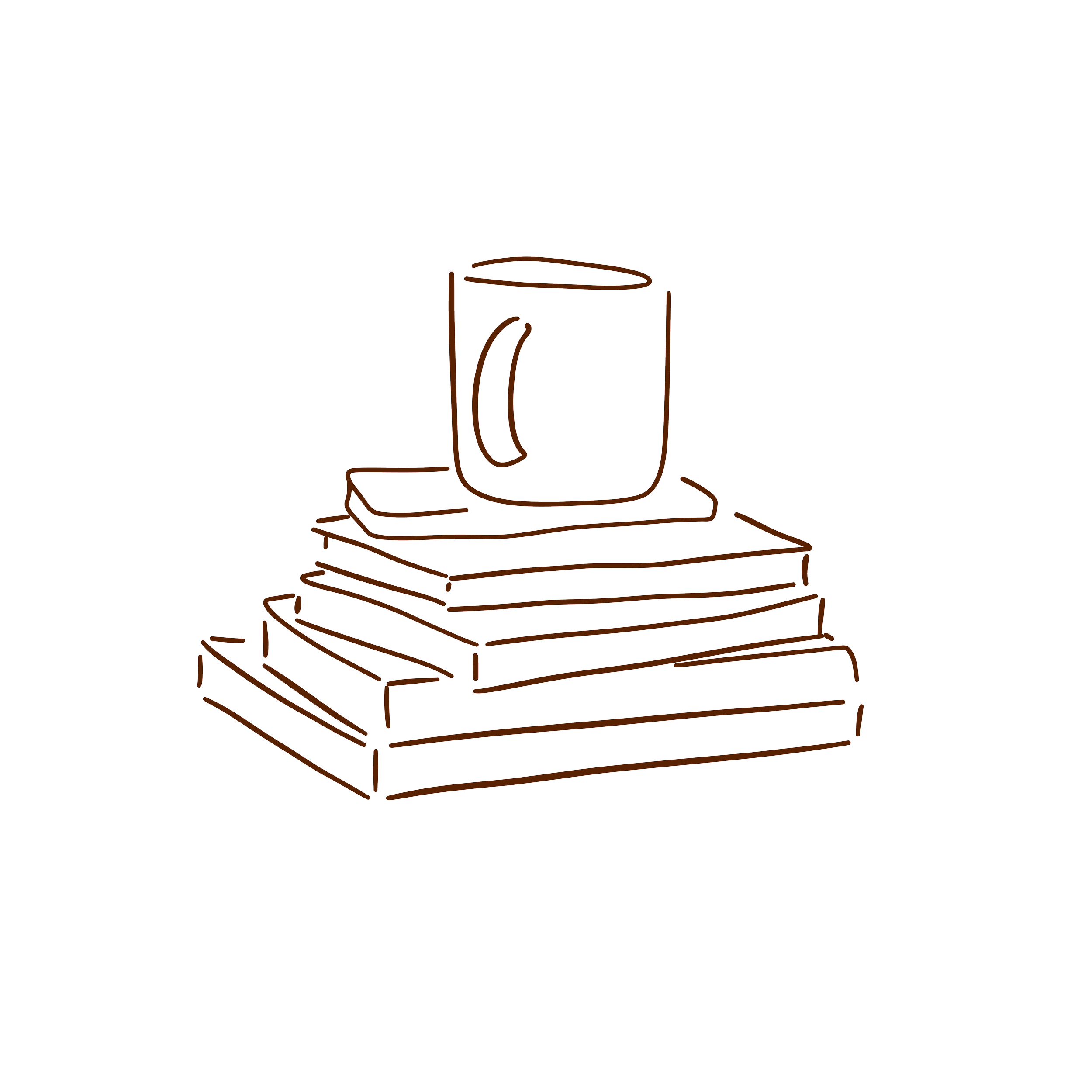 Line drawing of a coffee mug, placed on a stack of books on a table.