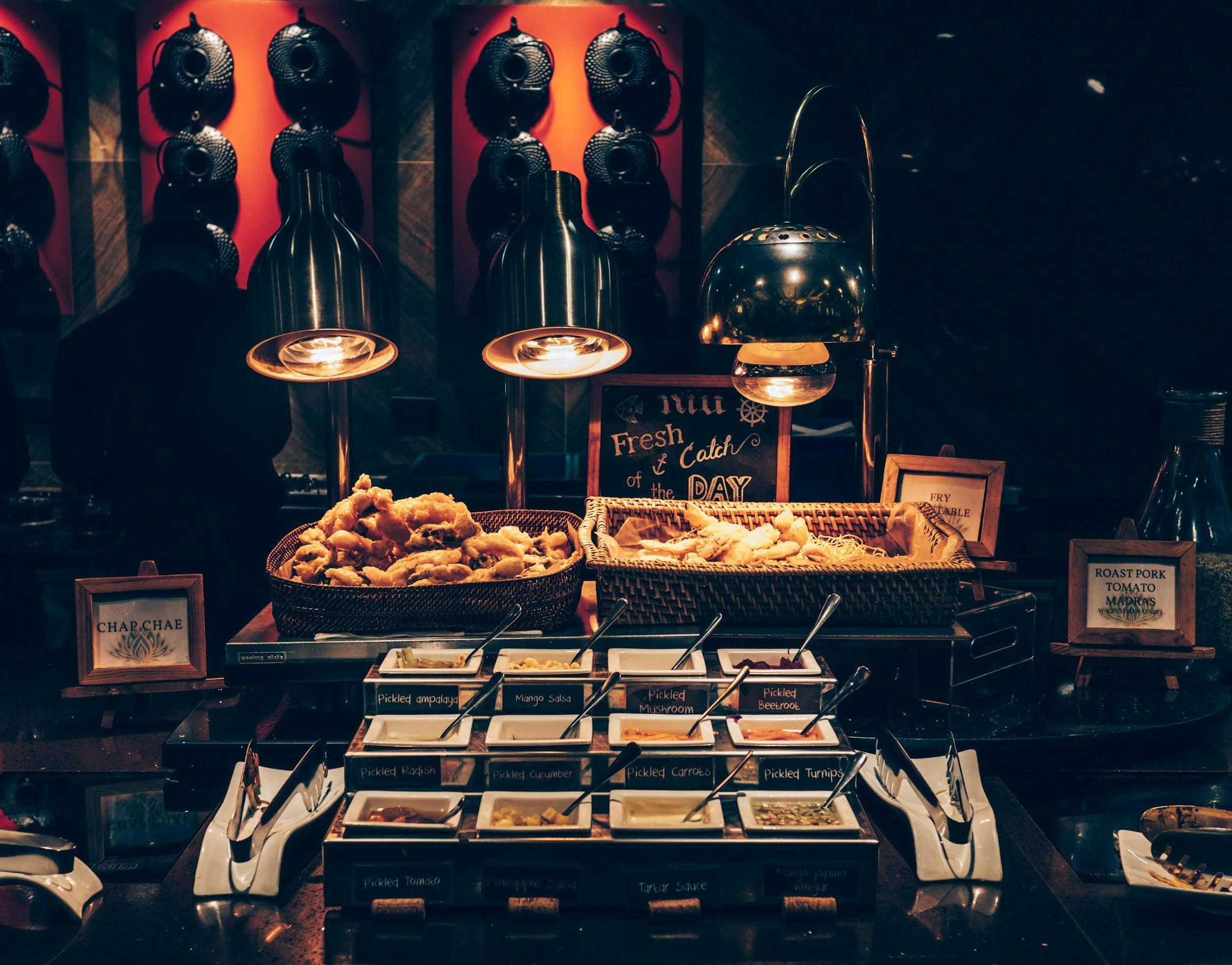 Dark buffet station prepared for a large catered event
