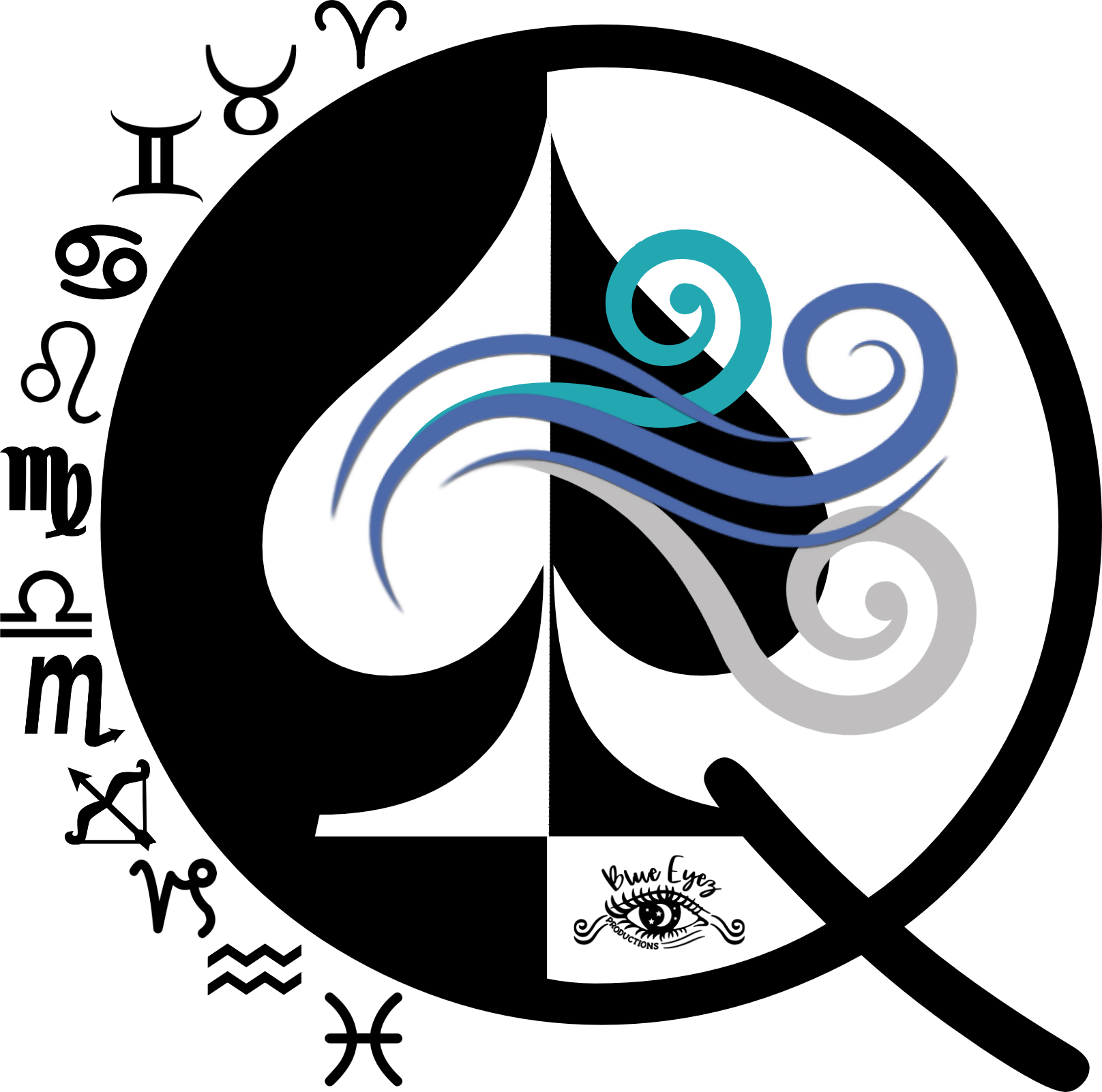 Large letter Q with zodiac symbols on the left along the outside with a large spade and a wind symbol in the middle paired with the blue eyez logo on the bottom