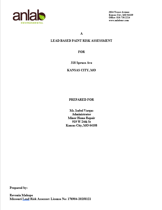 The title page for a Lead-Based Paint Assessment
