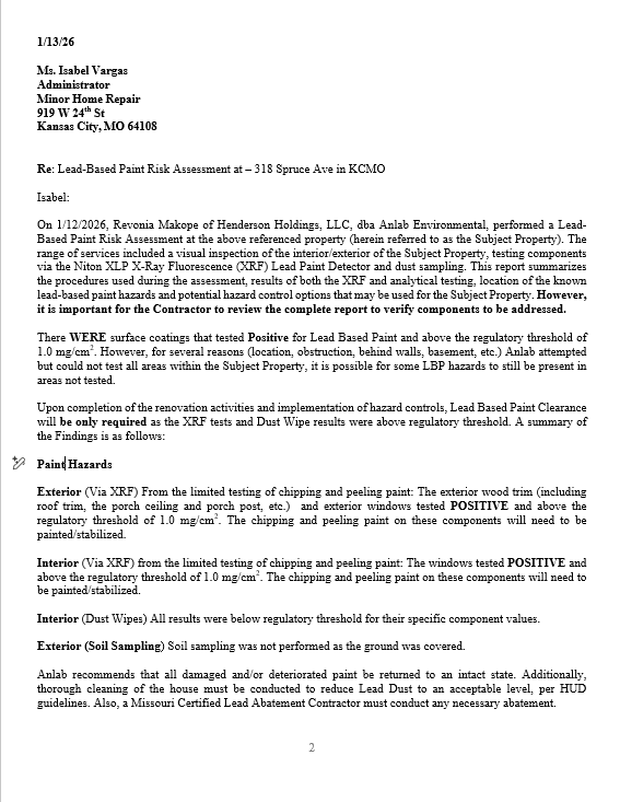 The beginning of a report for a Lead-Based Paint Assessment