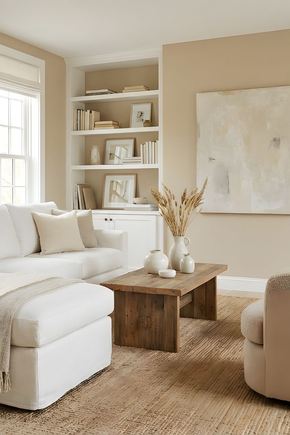 Cozy living room furnished with neutral colours