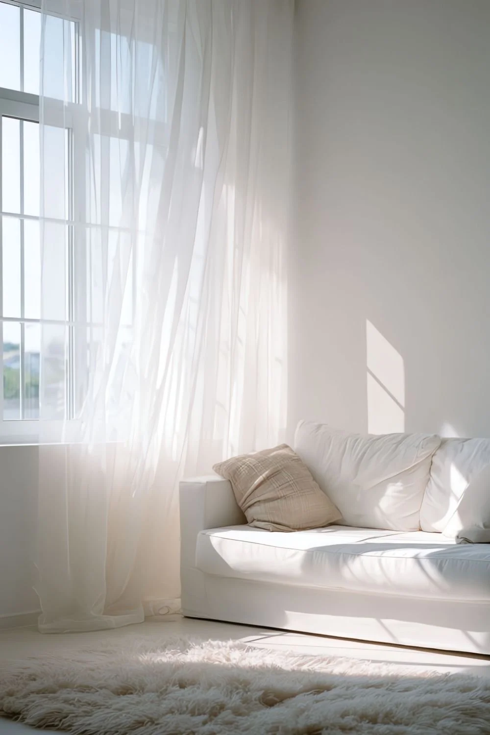 White couch next to a window with a fluffy rug