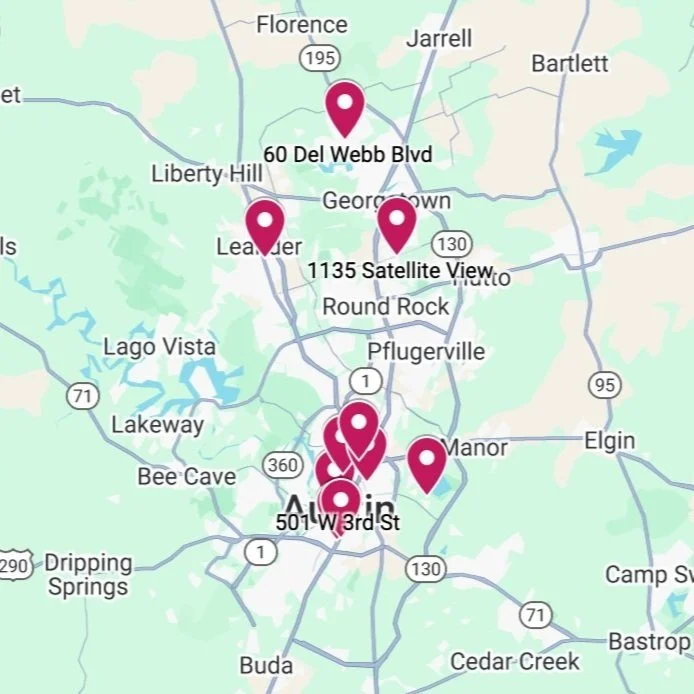 Map of the city of Austin, Texas with multiple marked locations of dance studios, gyms, hospitals, schools, and more.