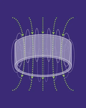 Grøn illustration af magnetfelt fra solenoide-applikator til ASA PMT Q VET magnetoterapi fra ASAlaser. Viser pulserende elektromagnetiske felter, der anvendes til målrettet behandling og rehabilitering af dyr.