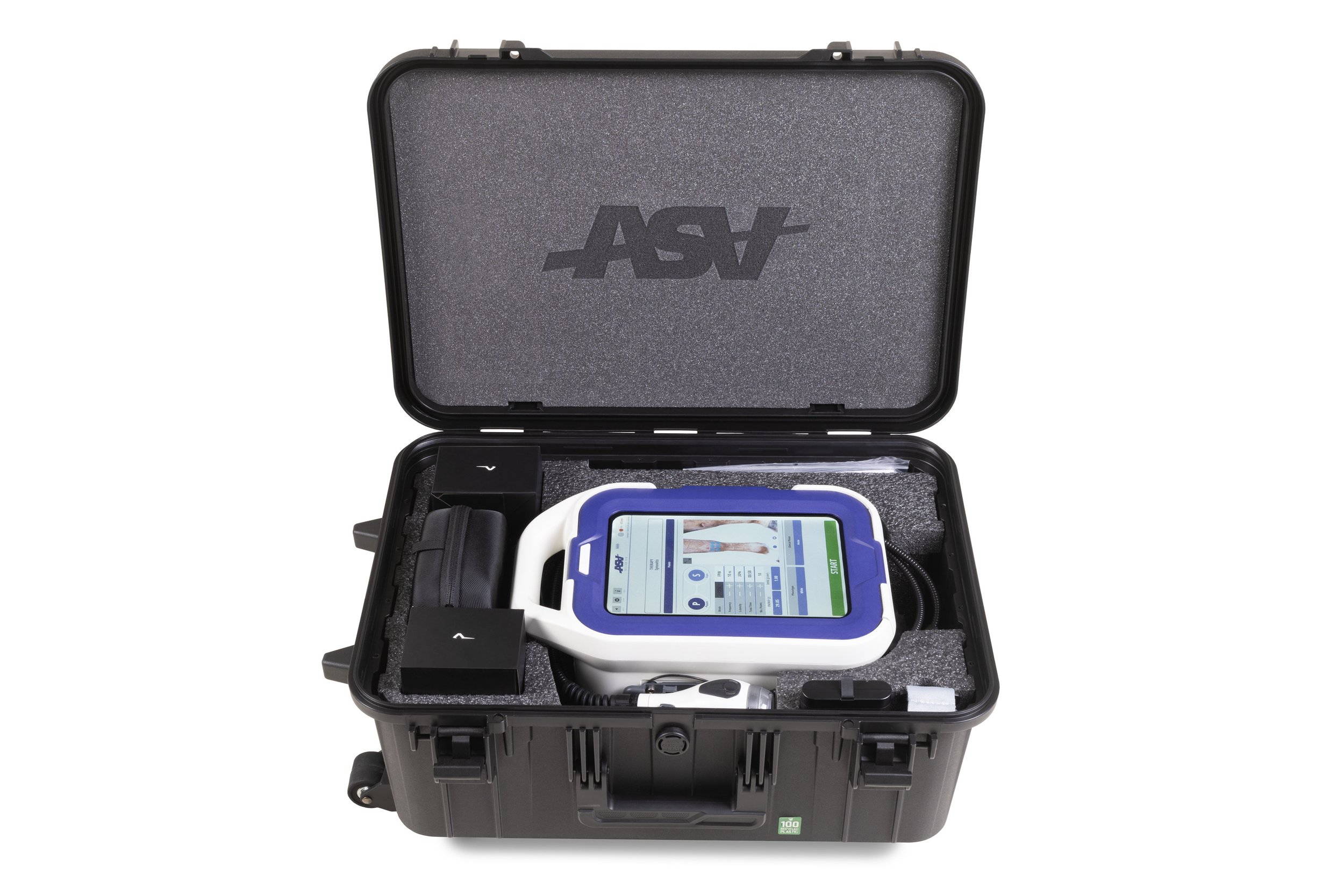 ASA M-VET laserudstyr fra ASAlaser i robust all terrain transportkasse – mobil klasse 4 laser klar til veterinær laserbehandling i stald og klinik.