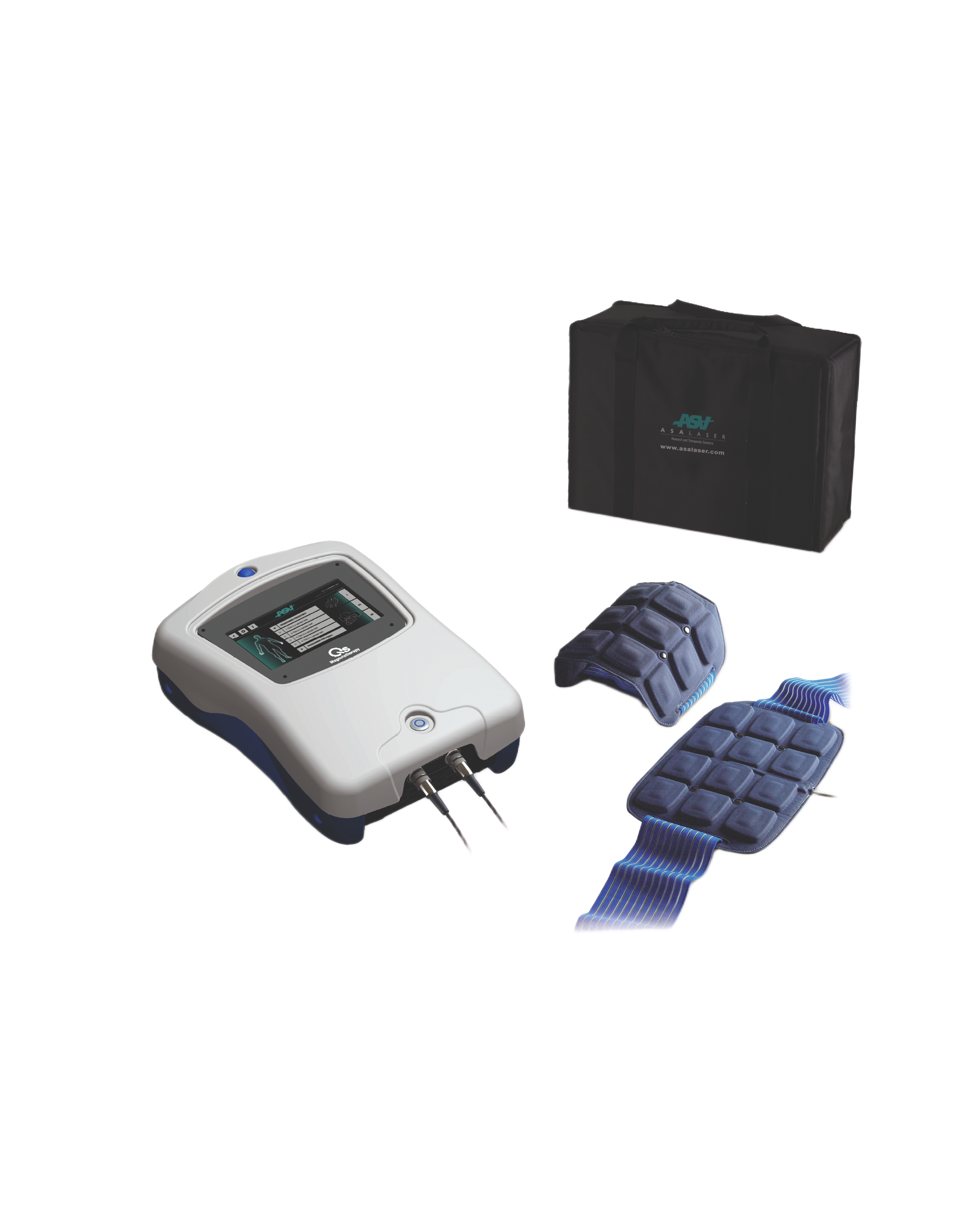 Easy Qs magnetterapi fra ASAlaser vist med kontrolenhed, blå Flexa-applikatorer og transporttaske. Billedet præsenterer transportabelt udstyr til skånsom, ikke-invasiv magnetterapi, smertebehandling og rehabilitering.