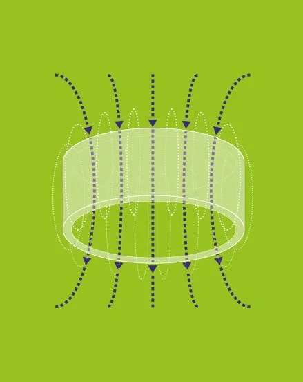 Grøn illustration af magnetfelt fra solenoide-applikator til ASA PMT Q VET magnetoterapi fra ASAlaser. Viser pulserende elektromagnetiske felter, der anvendes til målrettet behandling og rehabilitering af dyr.