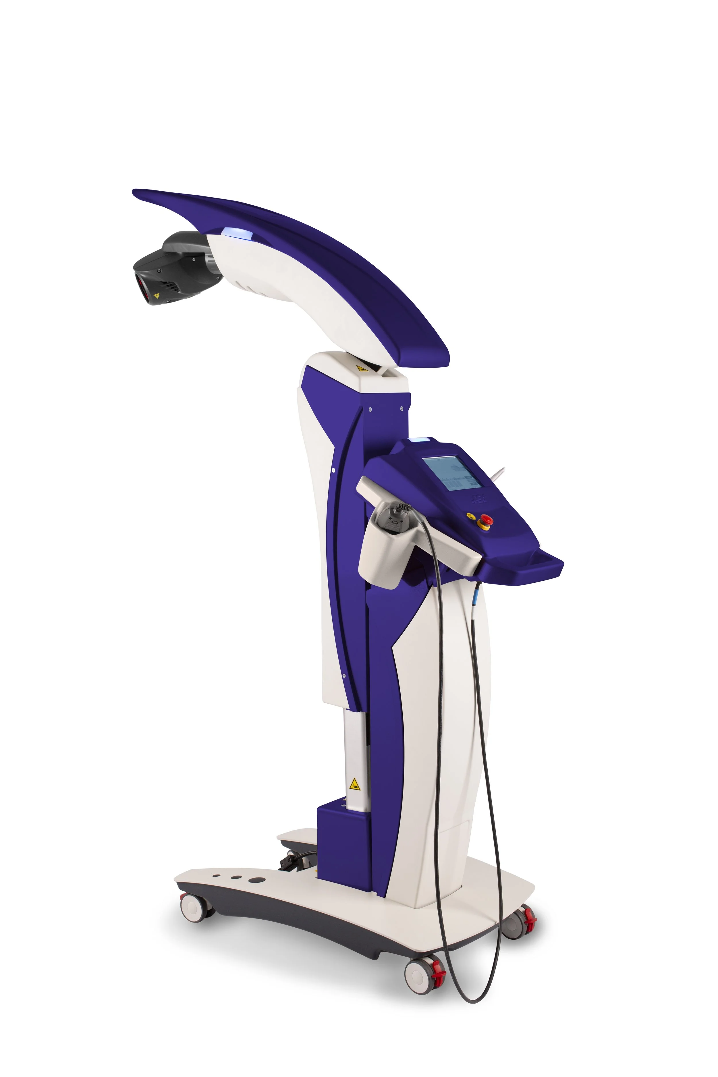 ASA M8 medicinsk laserudstyr vist med robotiseret scannerarm og håndholdt behandlingshoved. Billedet præsenterer en avanceret klasse 4 laser fra ASAlaser med Peak Power 750 watt til klinisk MLS-laserterapi og professionel laserbehandling.