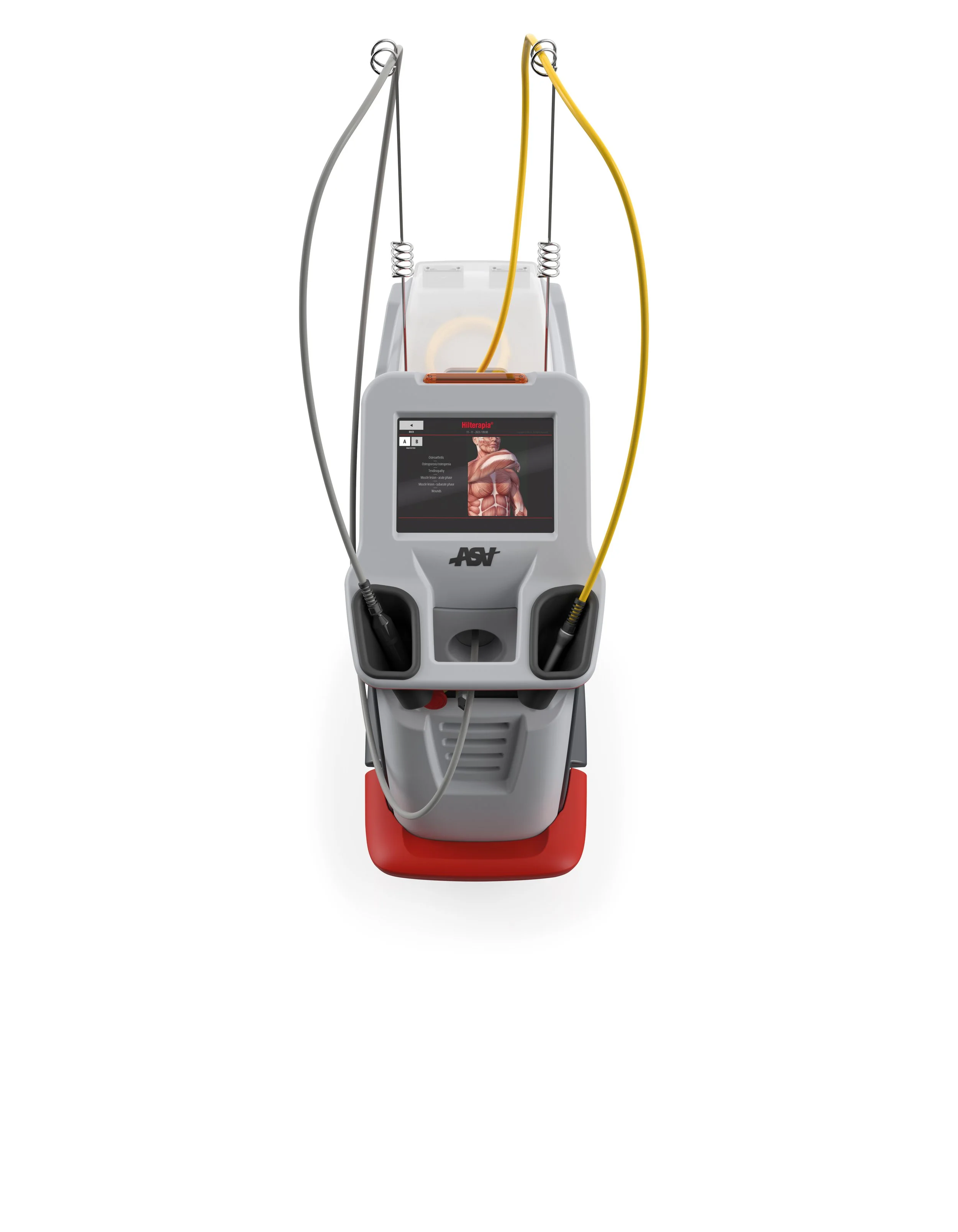 HIRO laser fra ASAlaser vist med touchskærm, behandlingskabler og produktinformation. Billedet præsenterer højintensivt laserudstyr til klinisk laserbehandling, vævsregeneration og professionel behandling af smerter og skader.