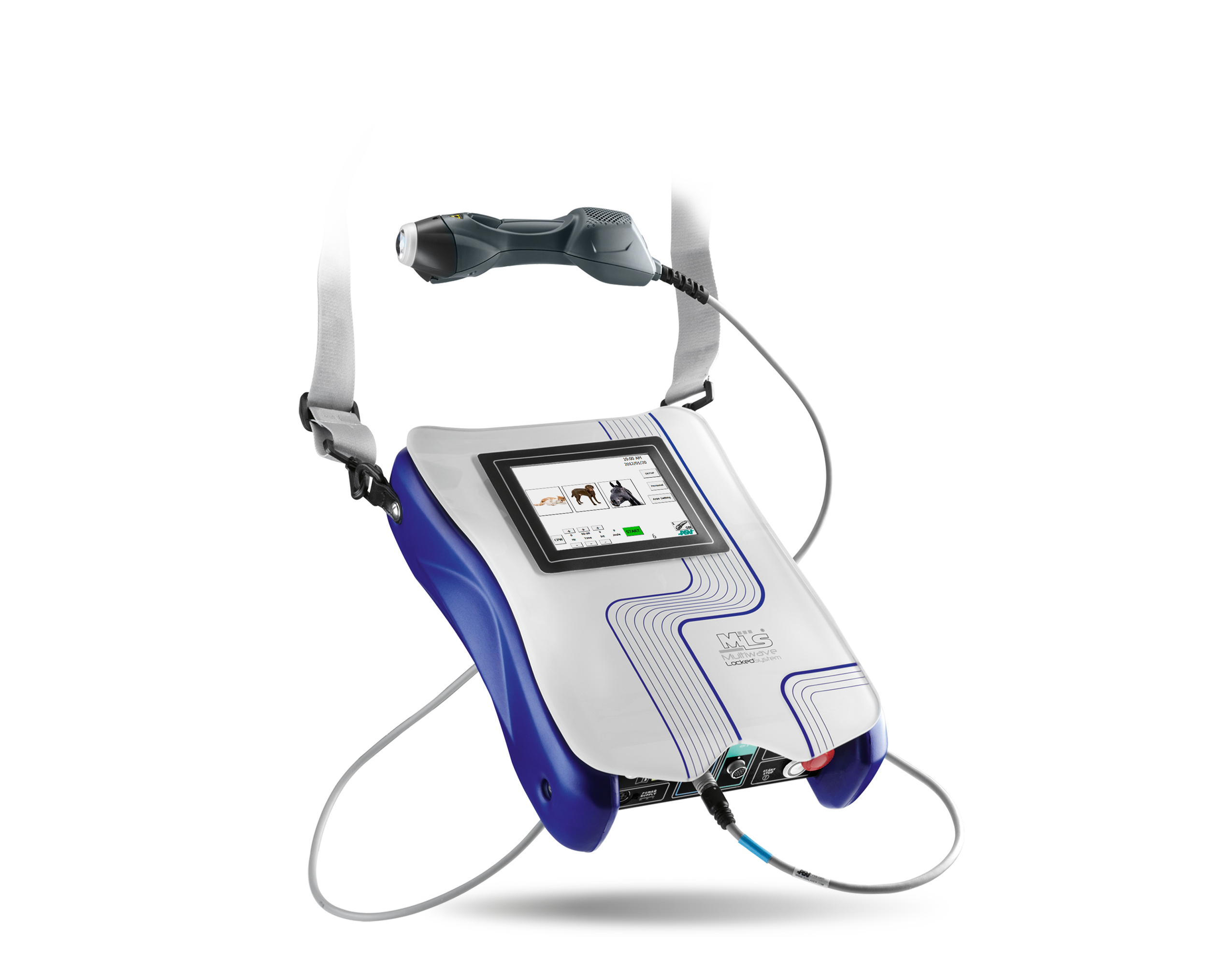 ASA Mphi Blue Vet MLS® fra ASAlaser. Transportabel håndholdt klasse 4 laser til mobil veterinær laserterapi og behandling af dyr.