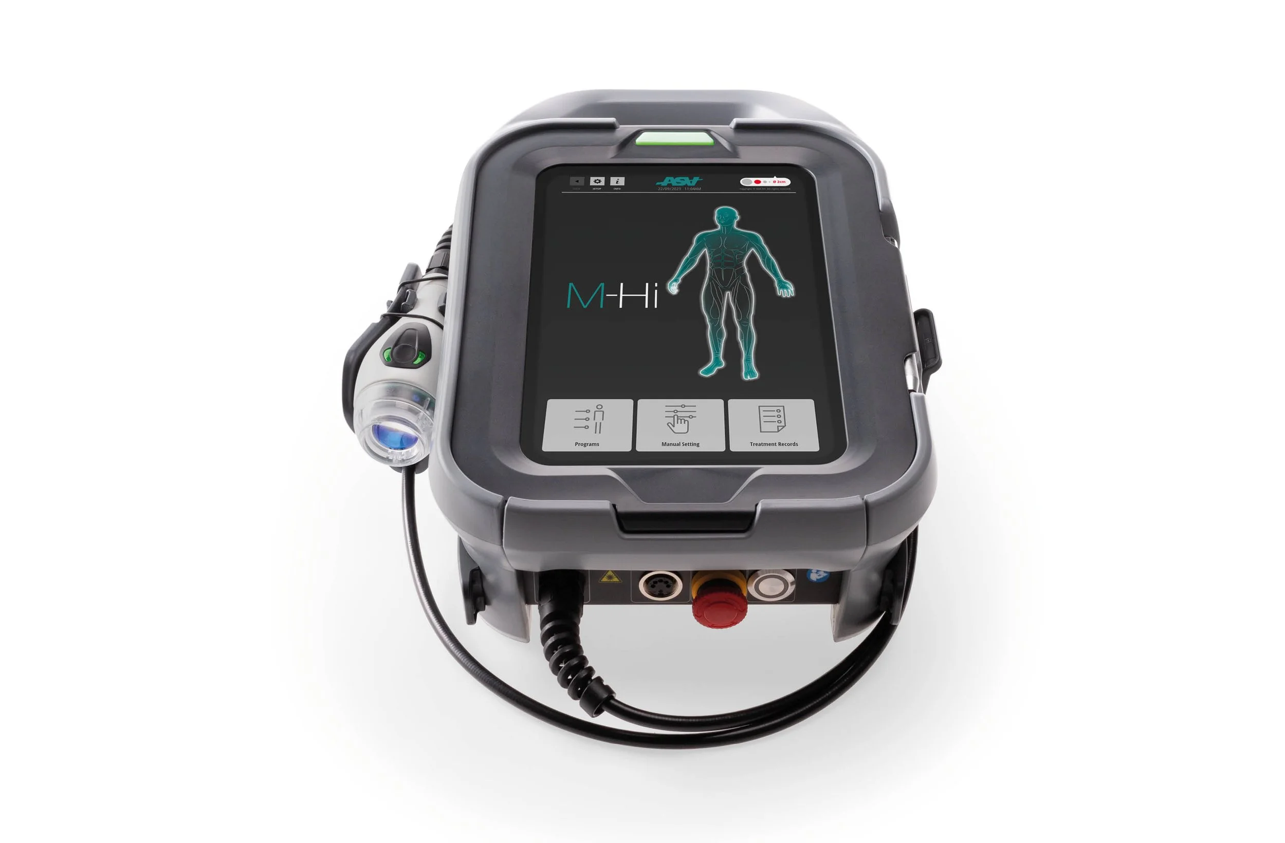 M-Hi laser fra ASAlaser vist som transportabelt laserudstyr med touchskærm og håndholdt behandlingshoved. Billedet præsenterer en klasse 4 laser til professionel MLS-laserterapi, laserbehandling og smertelindring i klinisk praksis.