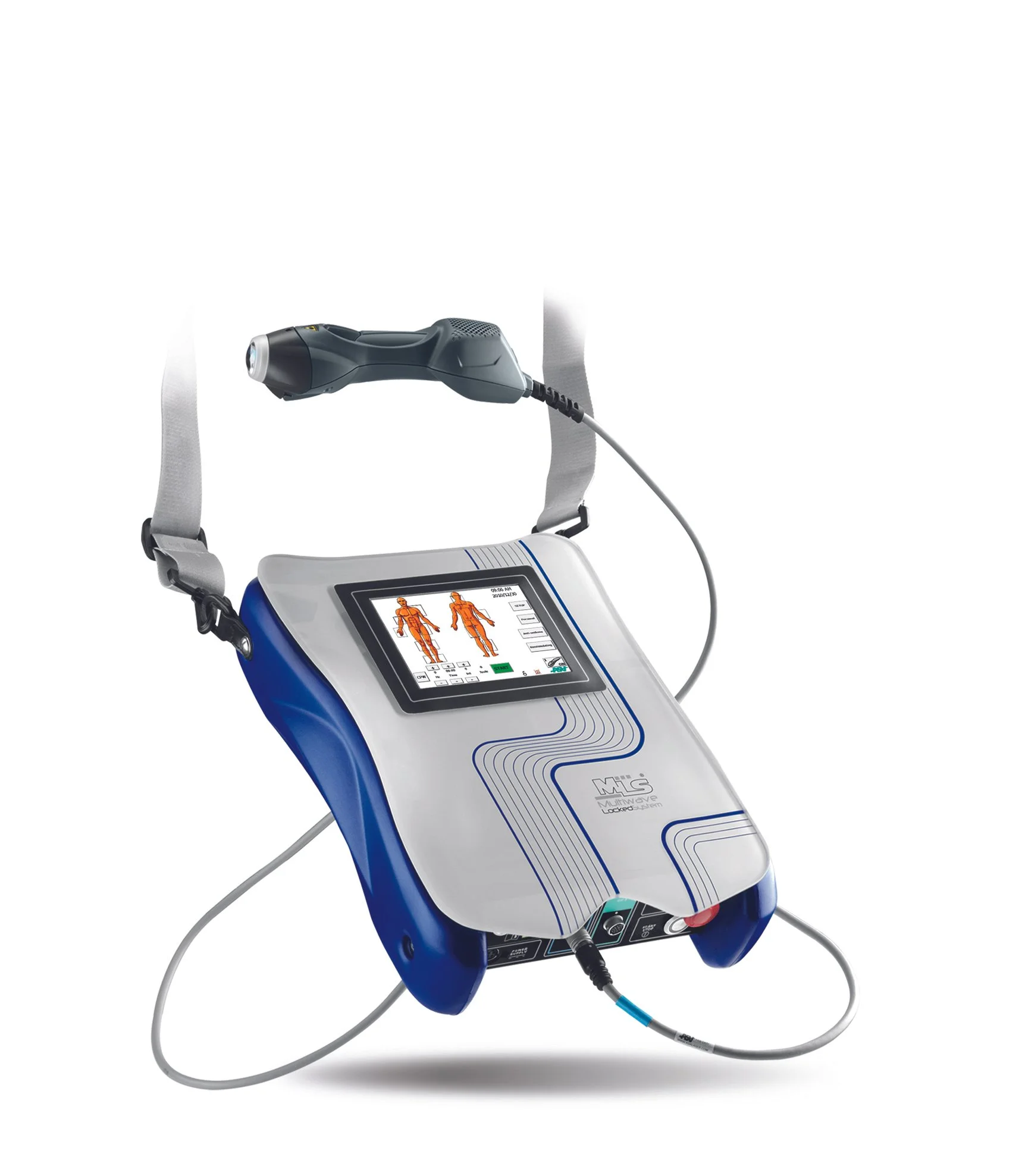 Mphi håndholdt klasse 4 laser fra ASAlaser vist med touchskærm og behandlingshoved. Billedet præsenterer transportabelt laserudstyr med Peak Power 25 watt til klinisk MLS-laserterapi og professionel laserbehandling.