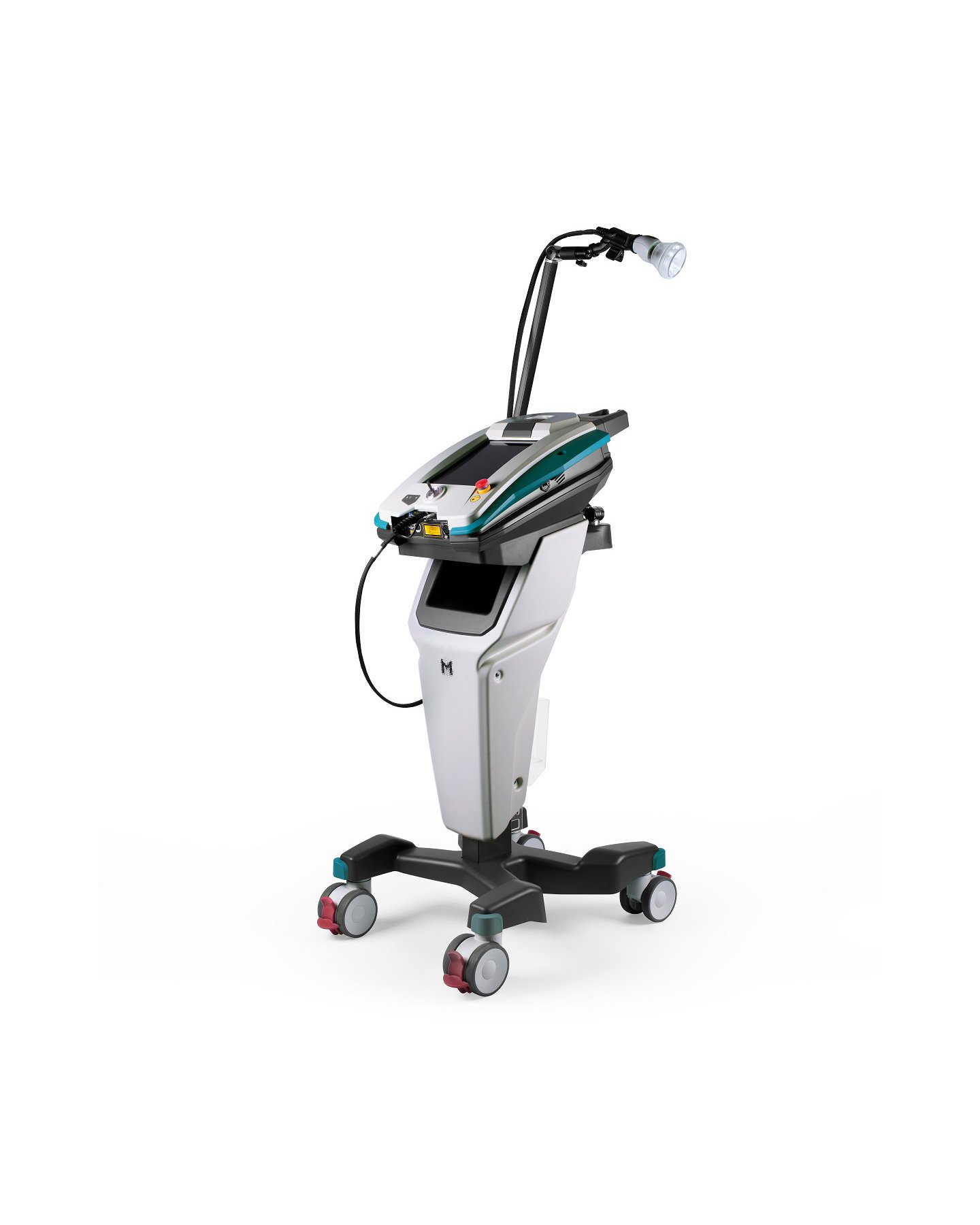 MiS laser fra ASAlaser vist på mobil vogn med fleksibel behandlingsarm og produktinformation. Billedet præsenterer en avanceret klasse 4 laser med High Peak Power 1000 watt til klinisk MLS-laserterapi og professionel laserbehandling.