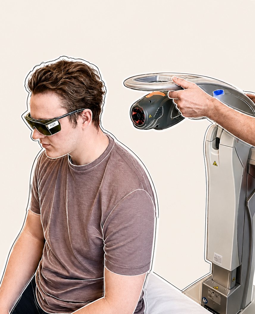 En yngre mand sidder på en briks og har ASA laser briller på. Bagved ham er en stor laser maskine og en hånd der sætter der holder den og giver ham ASA laserterapi