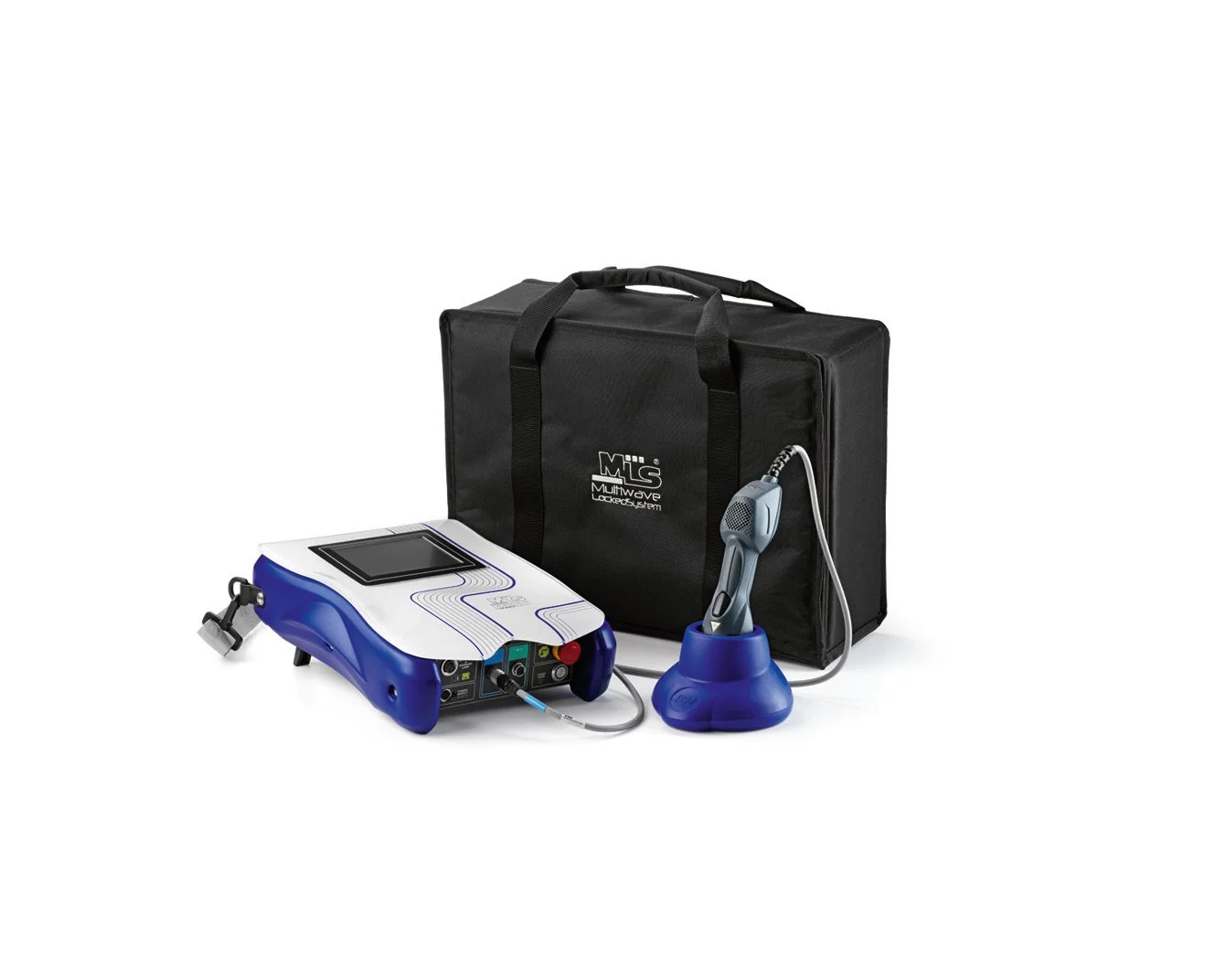 ASA Mphi Blue Vet MLS® pakke fra ASAlaser med transporttaske og holder til laserenheden – praktisk udstyr til mobil laserterapi og behandling af dyr.