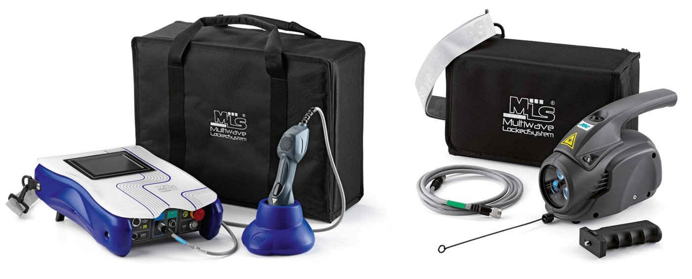 Komplet ASA Mphi Vet Blue Equine MLS® laserpakke fra ASAlaser med håndholdt laser, Charlie multilaser, transporttasker og tilbehør til fleksibel laserbehandling af dyr.