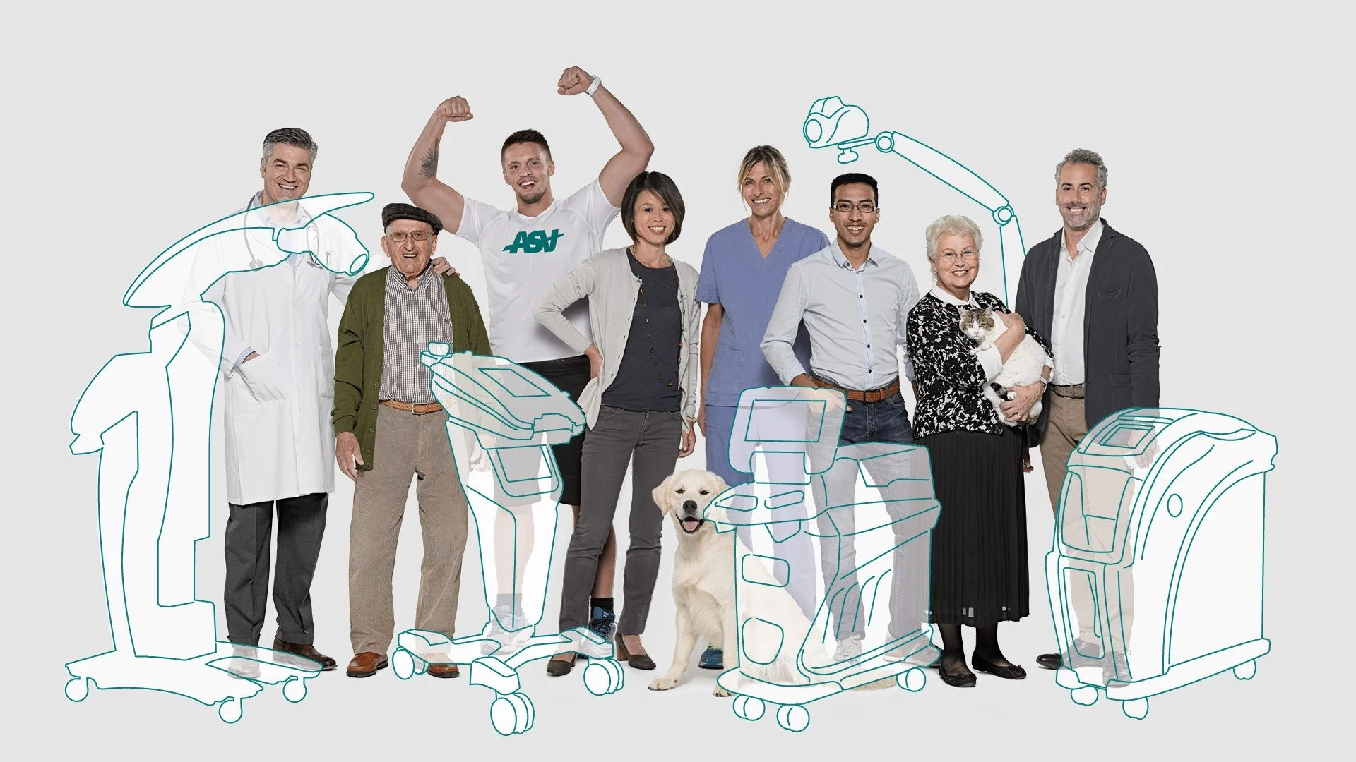 Kontaktformular for ASAlaser med billede af mennesker og dyr foran illustreret laserudstyr, der viser behandling til både human og veterinær MLS-laserterapi.