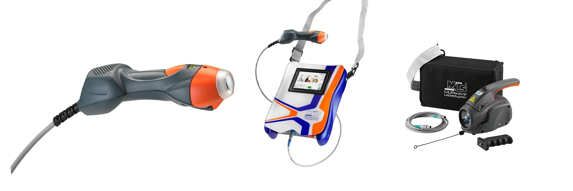 ASA Laser medicinsk laserudstyr Mphi VET Orange Equine, håndholdt laser ligger på et bord med forskellige dele og sort MLS taske på hvid baggrund