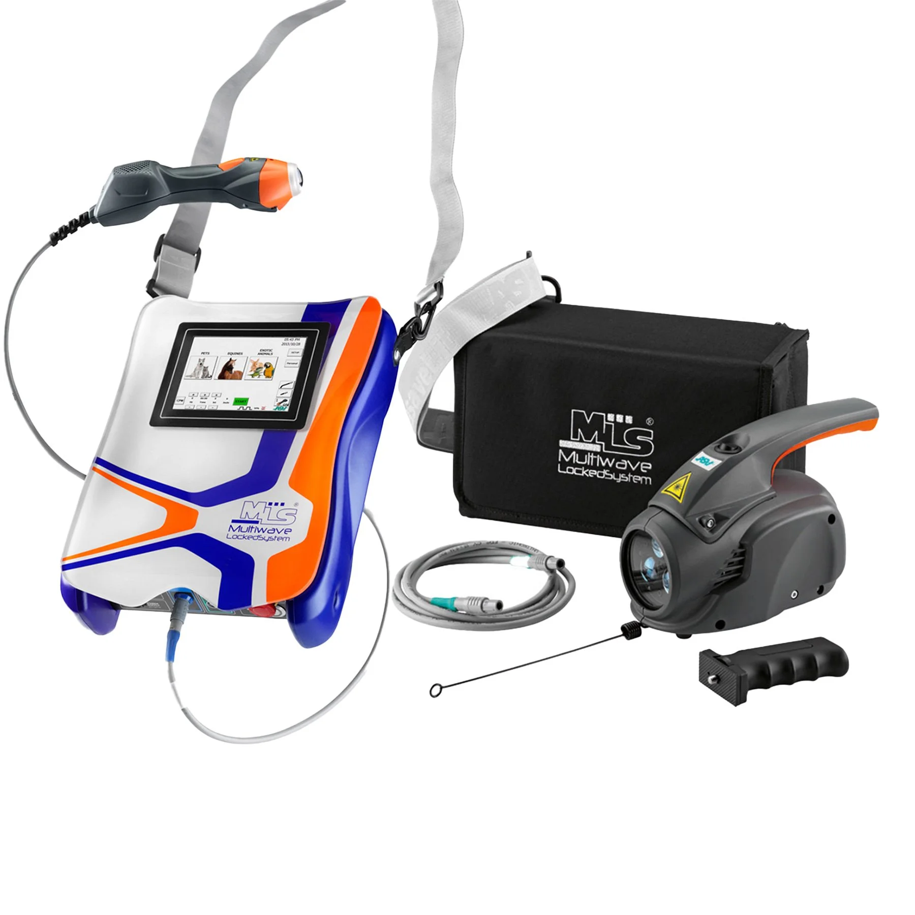 ASA Laser medicinsk laserudstyr Mphi VET Orange Equine, håndholdt laser ligger på et bord med forskellige dele og sort MLS taske og hvid baggrund