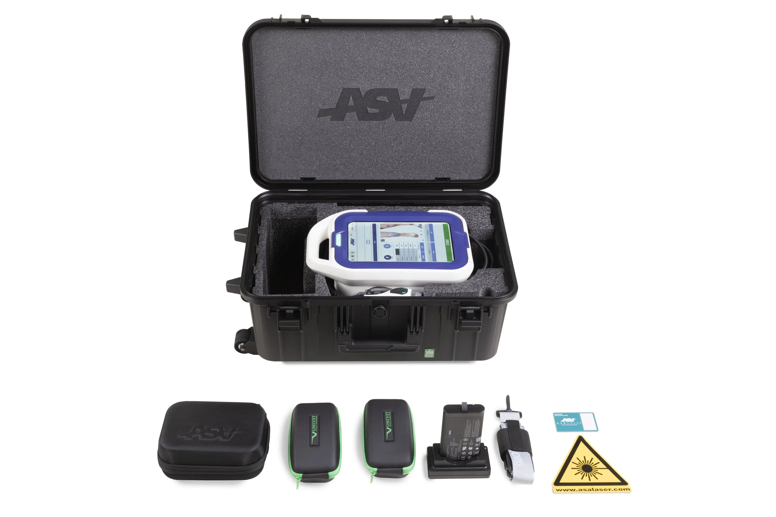 ASA M-VET pakke fra ASAlaser med klasse 4 laser, tilbehør og robust transportkasse. Komplet laserudstyr til mobil veterinær laserbehandling af dyr.