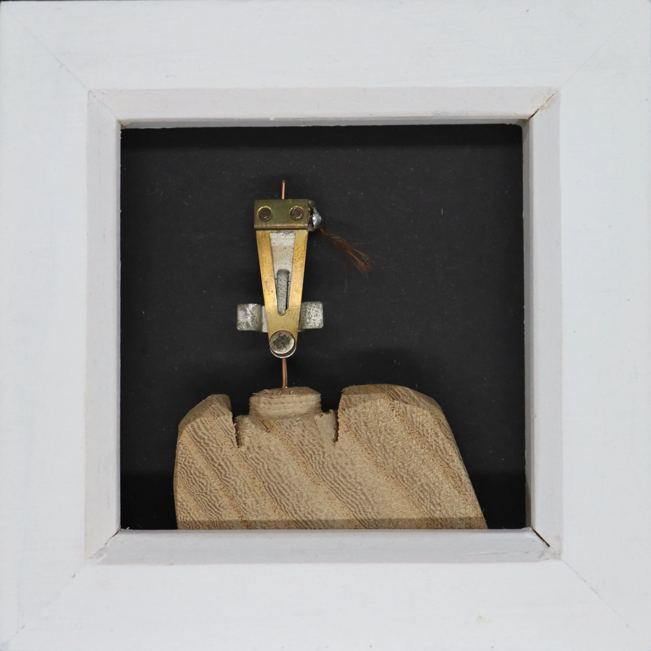 A wooden bird decoy mounted inside a white square display case with a black background.